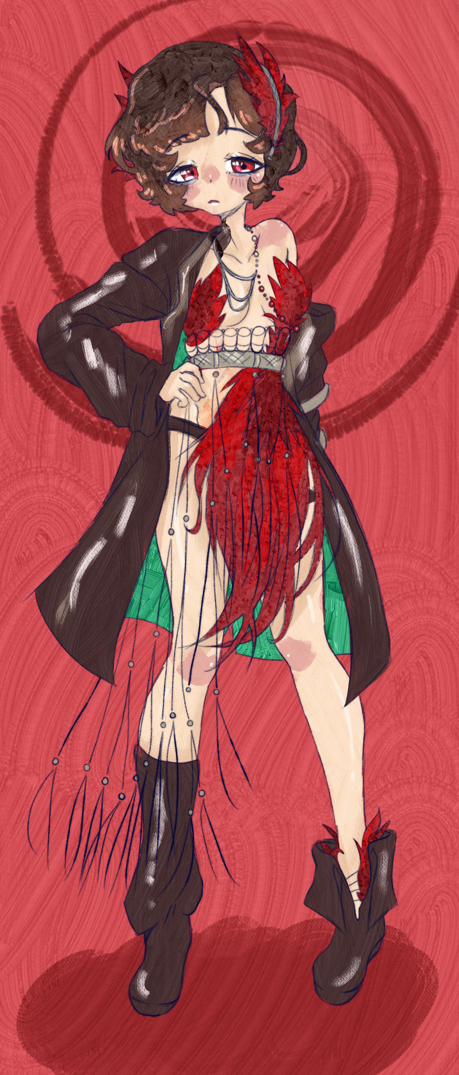 schneider (reverse:1999), reverse:1999, absurdres, highres, non-web source, black boots, boots, brown hair, feathers, flapper, flapper girl, jacket, paint, red background, red eyes, silver jewelry, simple background, sparkle, suit jacket