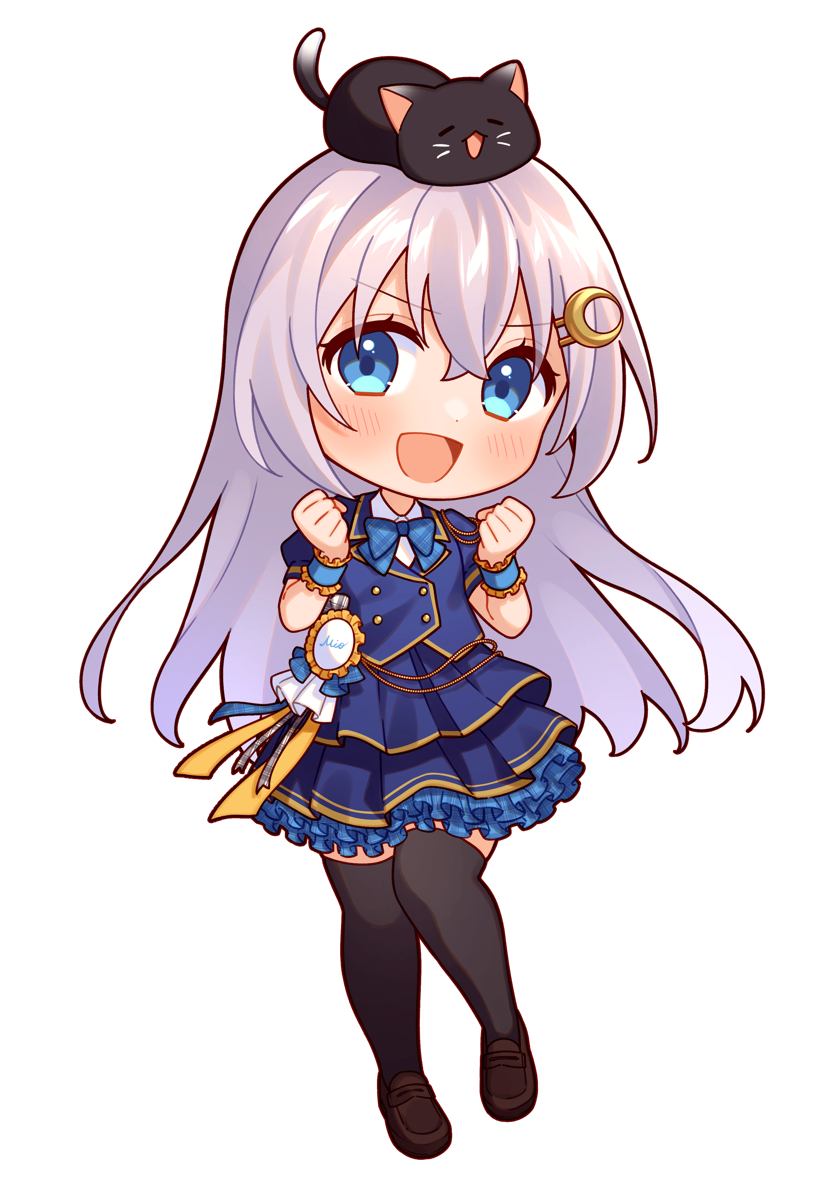 nekozuki mio, hoshimeguri gakuen, absurdres, commentary request, highres, 1girl, animal, animal on head, black thighhighs, blue bow, blue bowtie, blue eyes, blue jacket, blue skirt, bow, bowtie, brown shoes, cat, cat on head, chibi, clenched hands, crescent, crescent hair ornament, frilled skirt, frills, full body, grey hair, hair ornament, jacket, loafers, miniskirt, on head, open mouth, plaid bow, plaid bowtie, plaid clothes, ribbon, shoes, short-sleeved jacket, short sleeves, skirt, smile, solo, thighhighs, tohyama shage, virtual youtuber, wrist cuffs, zettai ryouiki