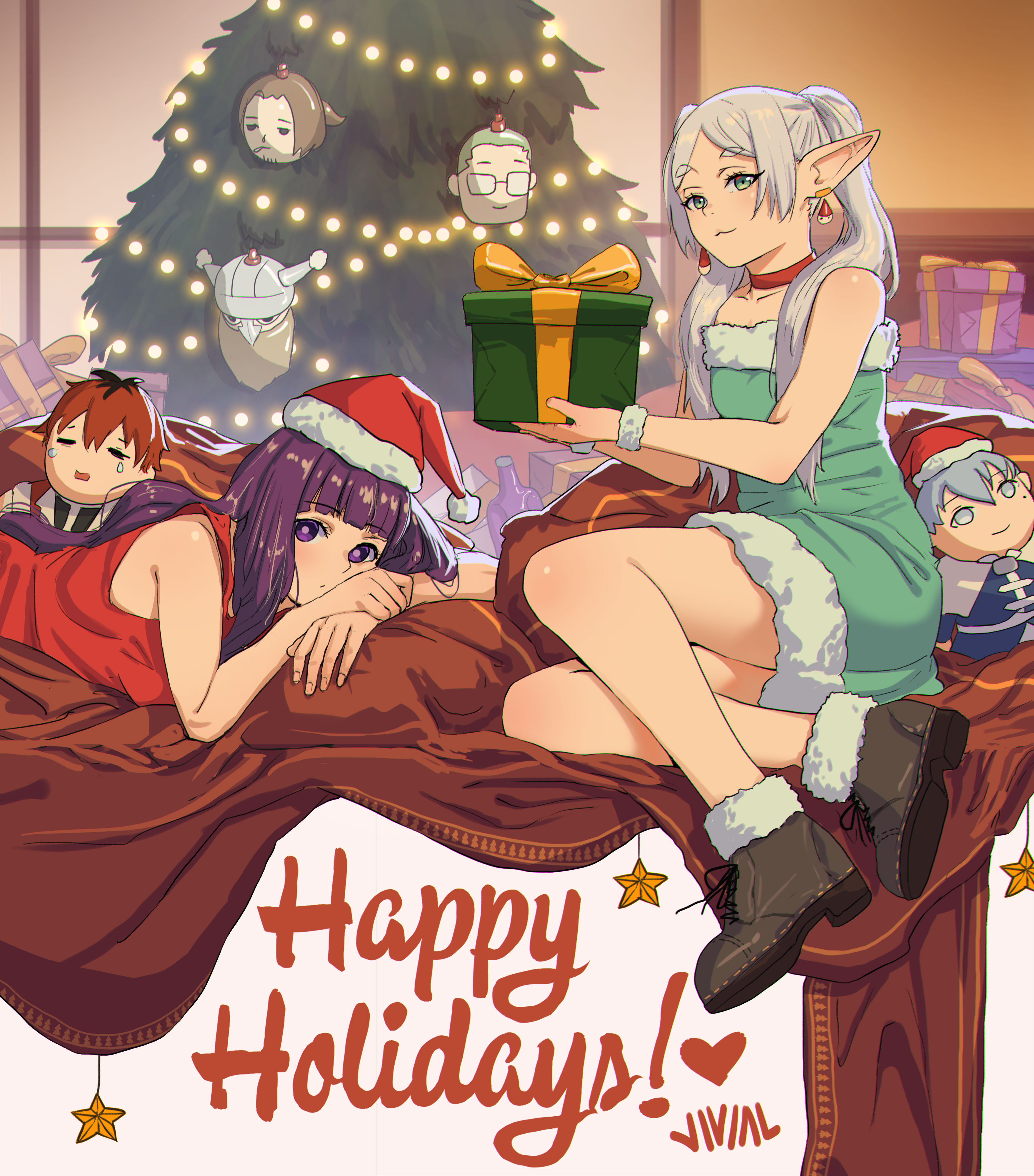 justin leyva (steamy tomato), eisen (sousou no frieren), fern (sousou no frieren), frieren, heiter, himmel (sousou no frieren), sein (sousou no frieren), stark (sousou no frieren), sousou no frieren, absurdres, commentary, english commentary, highres, 2girls, :3, blanket, blunt bangs, boots, brown boots, character doll, choker, christmas, christmas tree, clothes-dissolving potion, doll, dress, earrings, english text, fur-trimmed boots, fur-trimmed dress, fur trim, gift, green dress, green eyes, grey hair, hair over shoulder, happy holidays, holding, holding gift, jewelry, long pointy ears, looking at viewer, lying, multiple girls, on stomach, parted lips, pointy ears, purple eyes, purple hair, red choker, red dress, shoes, strapless, strapless dress, string lights, teardrop earrings, thick eyebrows, thighs, twintails