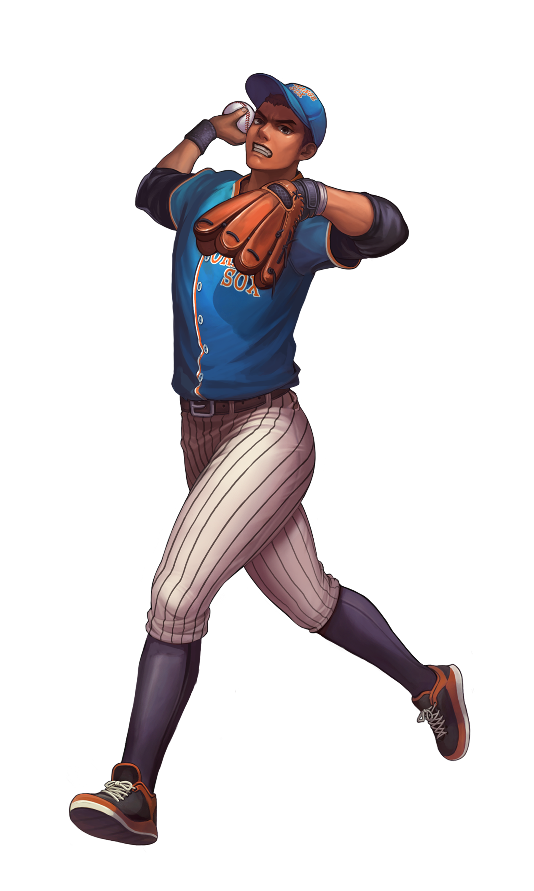 black survival, absurdres, artist request, commentary, english commentary, highres, official art, third-party source, 1boy, ball, baseball (object), baseball cap, baseball glove, baseball uniform, belt, brown belt, brown hair, clenched teeth, grey eyes, hat, holding, holding ball, pants, pitching, solo, sportswear, striped clothes, striped pants, teeth, transparent background, william benson, wristband