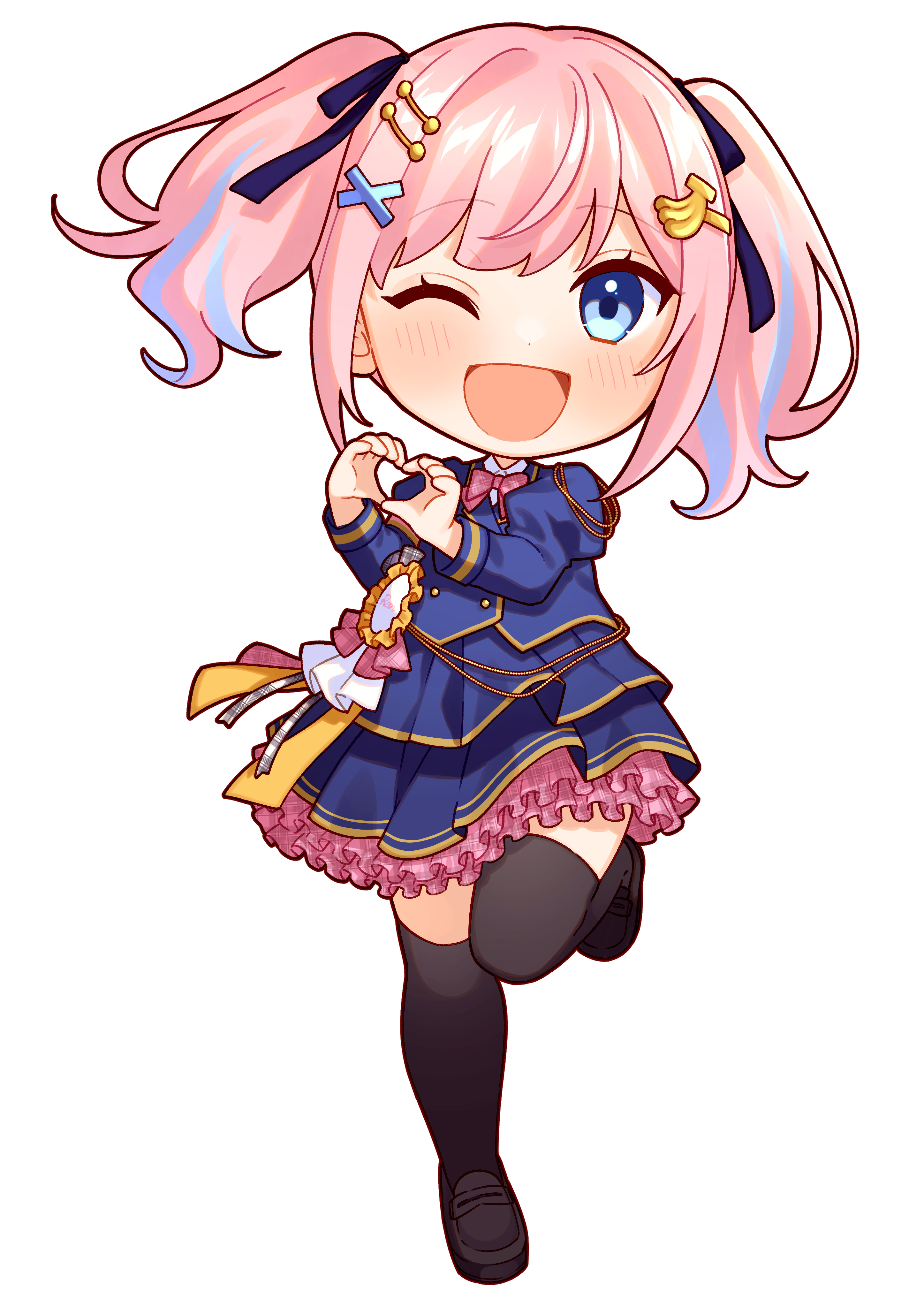 misato ran, hoshimeguri gakuen, absurdres, commentary request, highres, 1girl, banana hair ornament, black thighhighs, blue eyes, blue hair, blue jacket, bow, bowtie, brown shoes, chibi, food-themed hair ornament, frilled skirt, frills, full body, hair ornament, hair ribbon, jacket, juliet sleeves, loafers, long sleeves, miniskirt, multicolored hair, one eye closed, open mouth, pink bow, pink bowtie, pink hair, plaid bow, plaid bowtie, plaid clothes, pleated skirt, puffy sleeves, ribbon, shoes, skirt, smile, solo, standing, standing on one leg, streaked hair, thighhighs, tohyama shage, twintails, two-tone hair, virtual youtuber, x hair ornament, zettai ryouiki