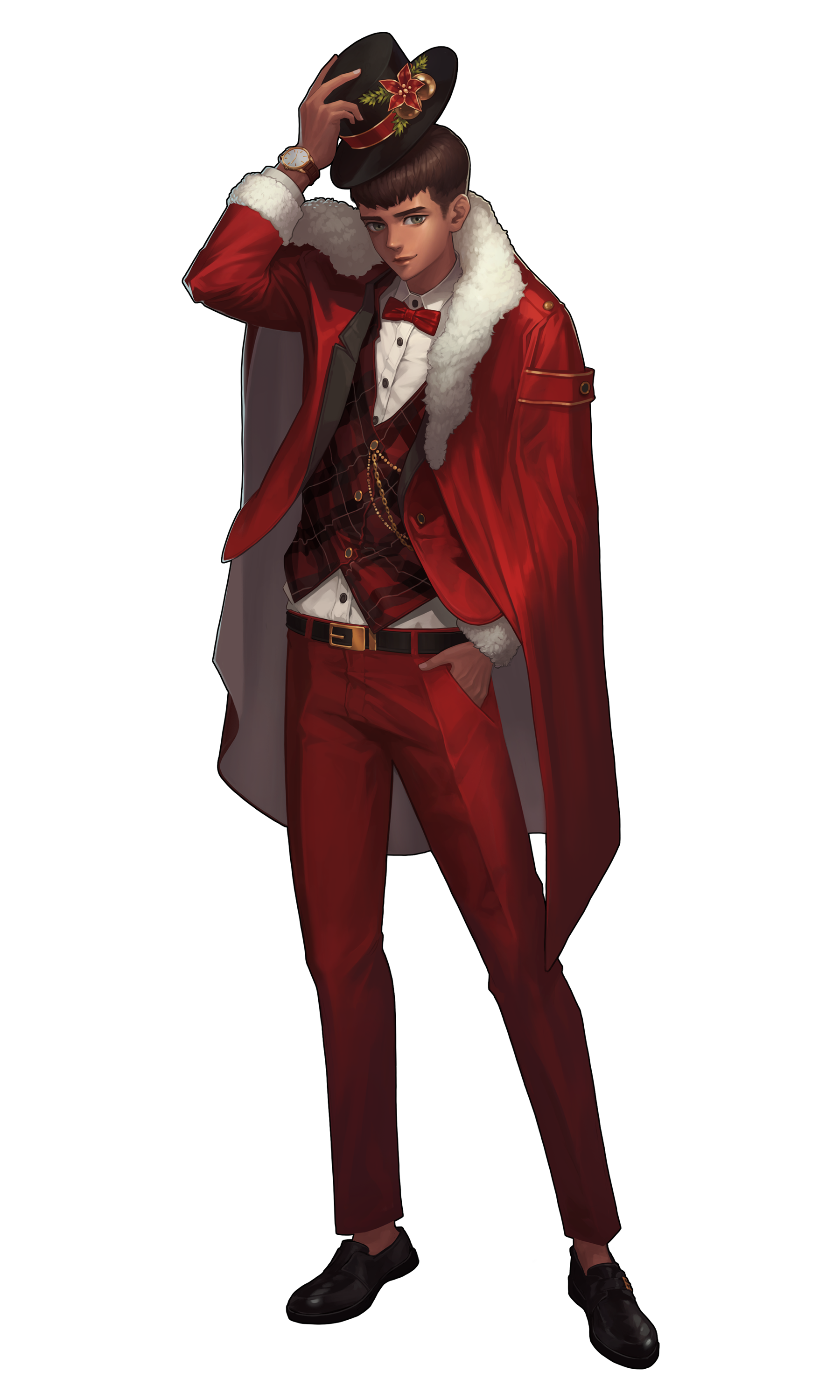 black survival, absurdres, artist request, commentary, english commentary, highres, official art, third-party source, 1boy, black shoes, bow, bowtie, brown hair, coat, flower, fur-trimmed coat, fur trim, grey eyes, hand in pocket, hat, hat bell, hat flower, hat tip, pants, red bow, red bowtie, red coat, red pants, shoes, solo, standing, transparent background, vest, watch, william benson, wristwatch