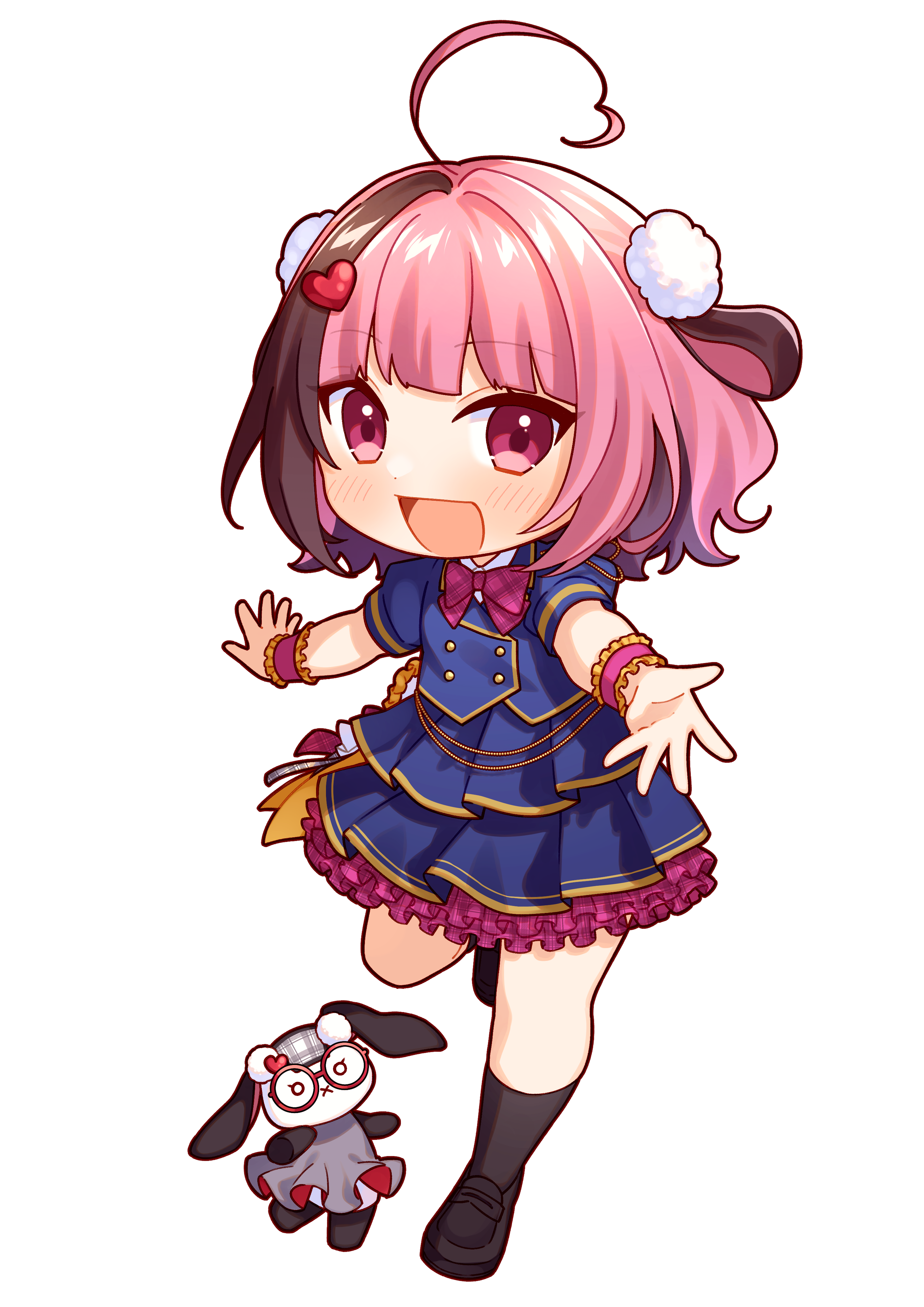 mochimochi sakura, hoshimeguri gakuen, absurdres, commentary request, highres, 1girl, black shoes, black socks, blue jacket, blue skirt, bow, bowtie, brown hair, chibi, dress, frilled skirt, frills, full body, glasses, grey dress, hair intakes, hair ornament, heart, heart hair ornament, jacket, kneehighs, loafers, miniskirt, multicolored hair, open hand, pink bow, pink bowtie, pink eyes, pink hair, plaid bow, plaid bowtie, plaid clothes, pleated skirt, pom pom (clothes), pom pom hair ornament, puffy short sleeves, puffy sleeves, rabbit, reaching, reaching towards viewer, shoes, short-sleeved jacket, short sleeves, skirt, socks, solo, streaked hair, tohyama shage, two-tone hair, virtual youtuber, x mouth