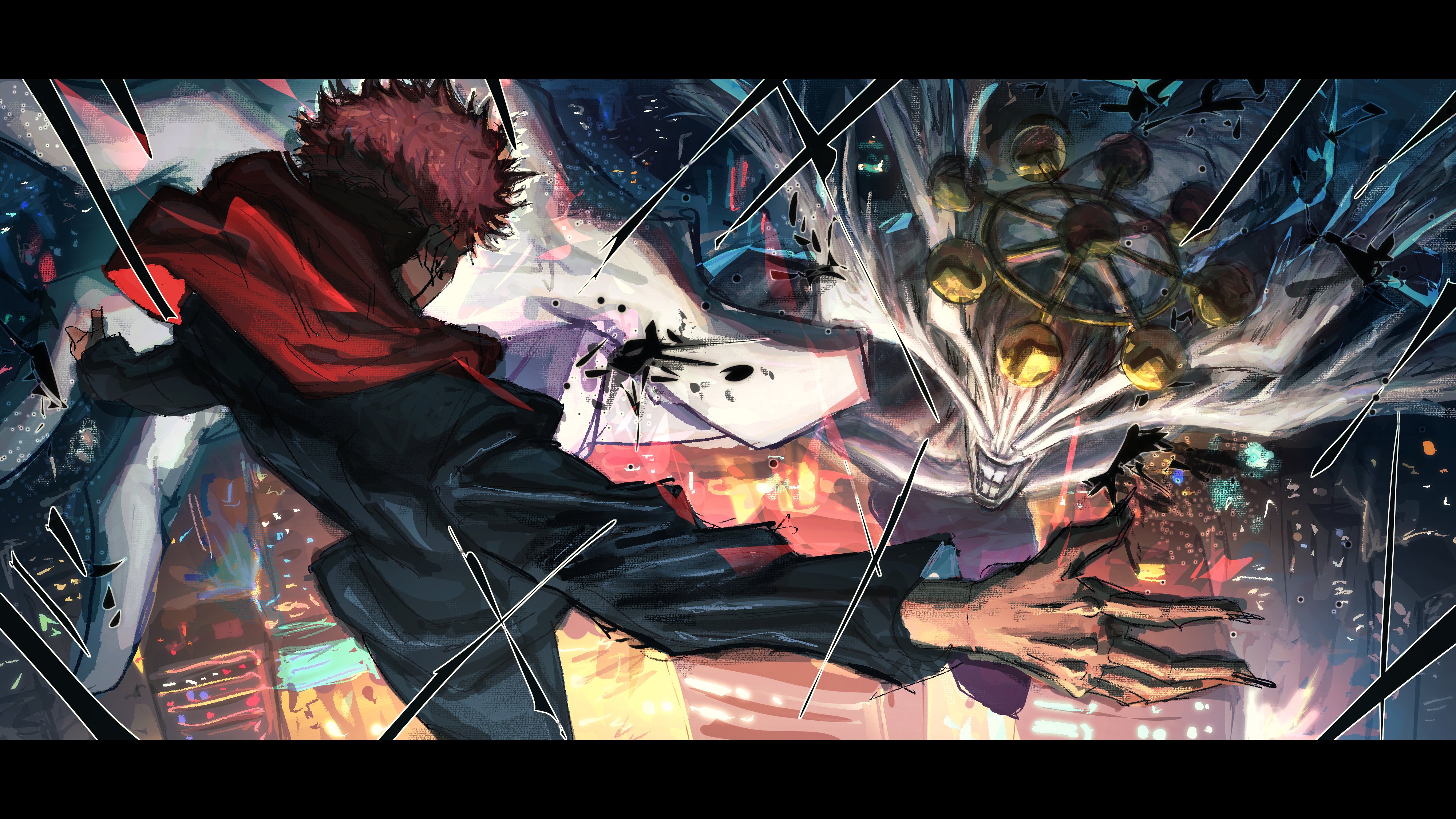 sonic1nstinct, mahoraga (jujutsu kaisen), ryoumen sukuna (jujutsu kaisen), jujutsu kaisen, absurdres, commentary, highres, redrawn, 1boy, 1other, black jacket, black pants, cityscape, facial tattoo, fingernails, flying, head wings, hood, hoodie, jacket, letterboxed, long fingernails, looking down, monster, outstretched arms, pants, pink hair, reaching, reaching towards another, red hoodie, short hair, smile, tattoo, teeth, wings