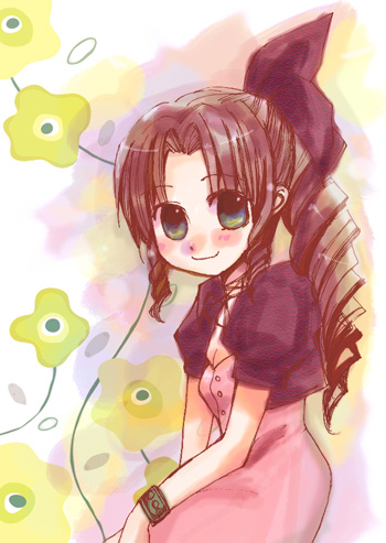 chai (pixiv25575), aerith gainsborough, final fantasy, final fantasy vii, lowres, 1990s (style), bracelet, brown hair, dress, green eyes, jacket, jewelry, long hair, ribbon