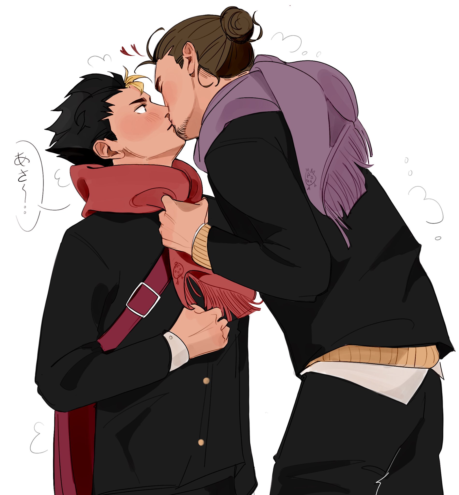 azumane asahi, nishinoya yuu, haikyuu!!, commentary, english commentary, highres, 2boys, arms up, black hair, black jacket, black pants, blonde hair, blush, brown hair, buttons, closed eyes, cowboy shot, facial hair, gakuran, goatee, hair bun, jacket, kiss, layered clothes, layered sleeves, leaning in, linmorsan, long sleeves, looking at another, male focus, multicolored hair, multiple boys, pants, red scarf, scarf, school uniform, shirt, simple background, single hair bun, speech bubble, streaked hair, white background, white shirt, wide-eyed, yaoi