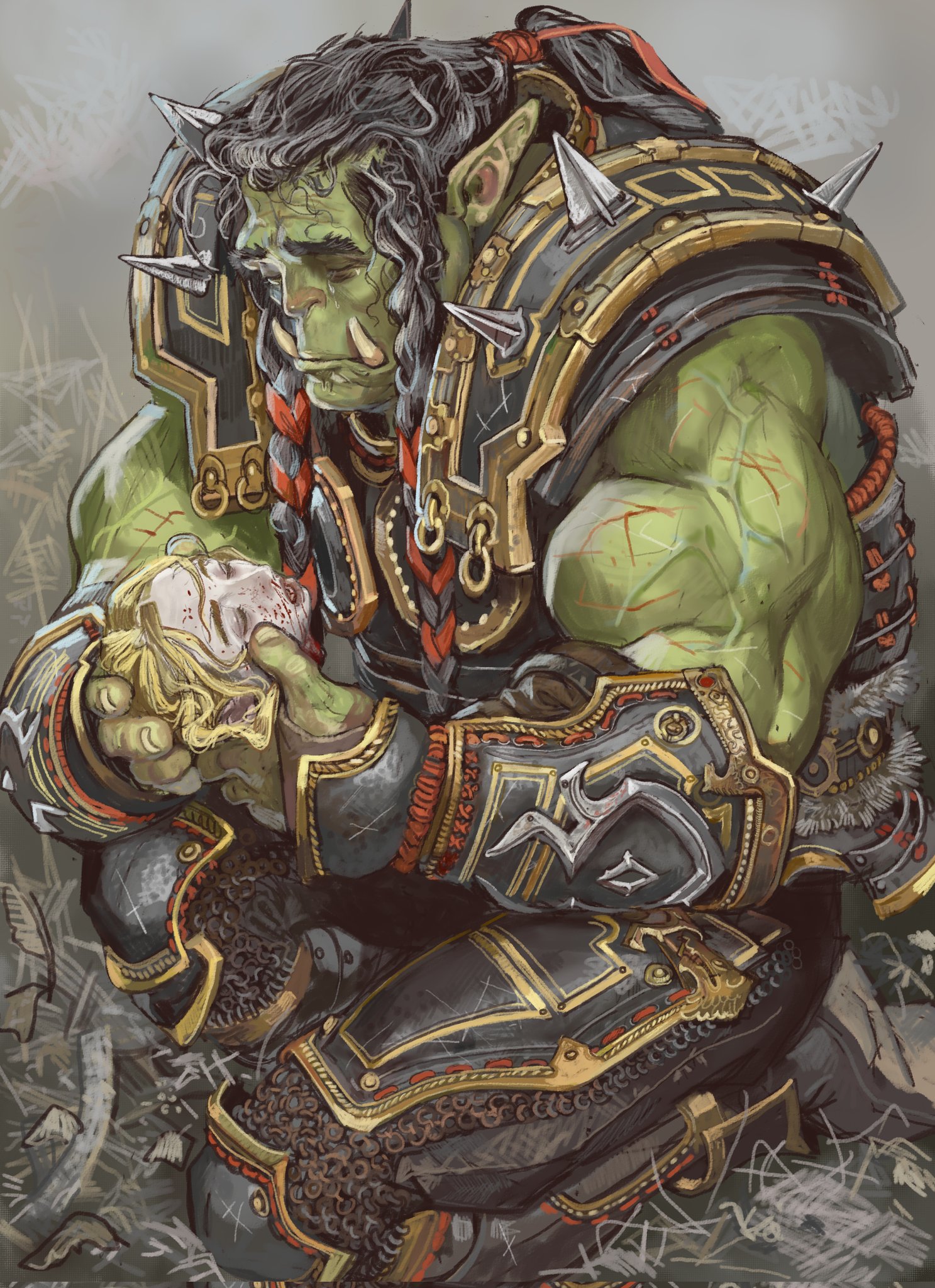 mossacannibalis, taretha foxton, thrall, warcraft, commentary, english commentary, highres, 1boy, 1girl, armor, black hair, blonde hair, blood, colored skin, crying, decapitation, green skin, holding, holding detached head, injury, kneeling, orc, plate armor, pointy ears, ponytail, spikes, tears, tusks