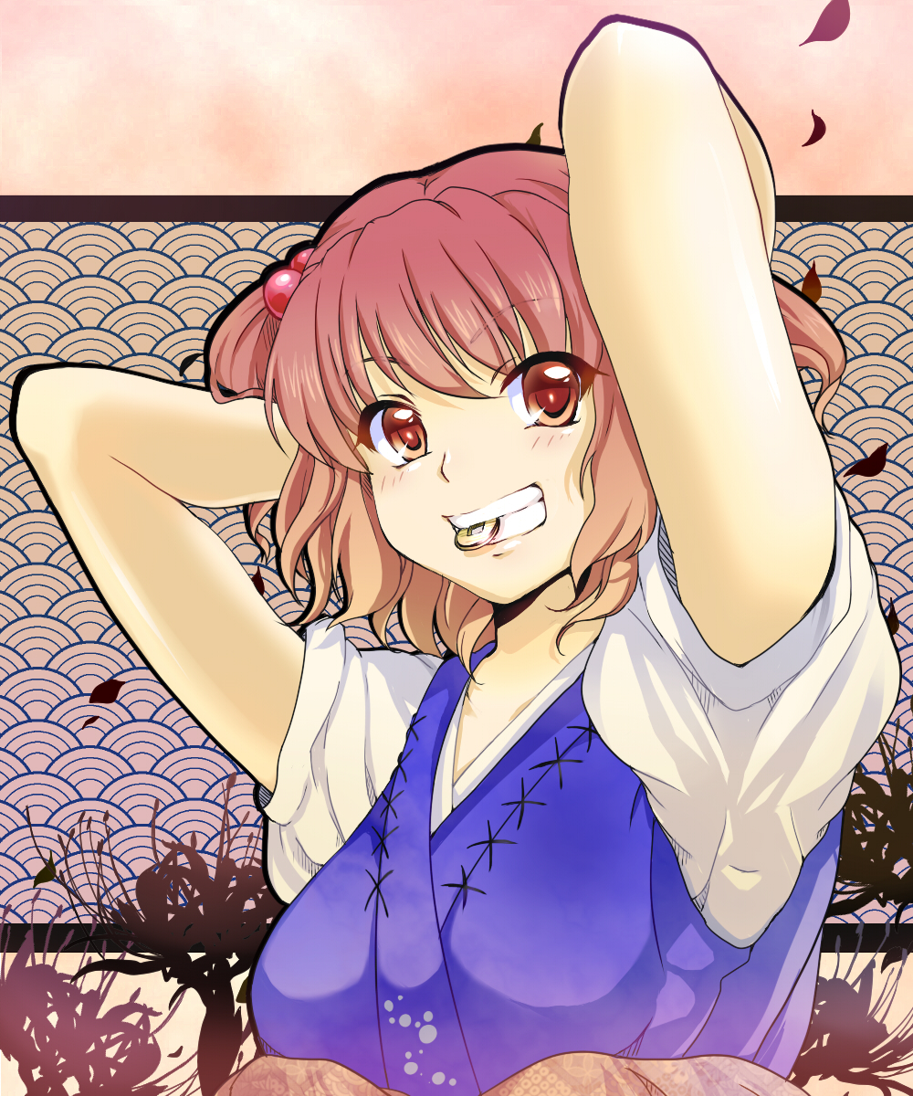 yuko (artist), yuuyuu (yuko), onozuka komachi, touhou, bad id, bad pixiv id, highres, 1girl, biting, coin, female focus, grin, hair bobbles, hair ornament, mouth hold, red eyes, red hair, short hair, smile, solo, teeth hold, twintails, two side up