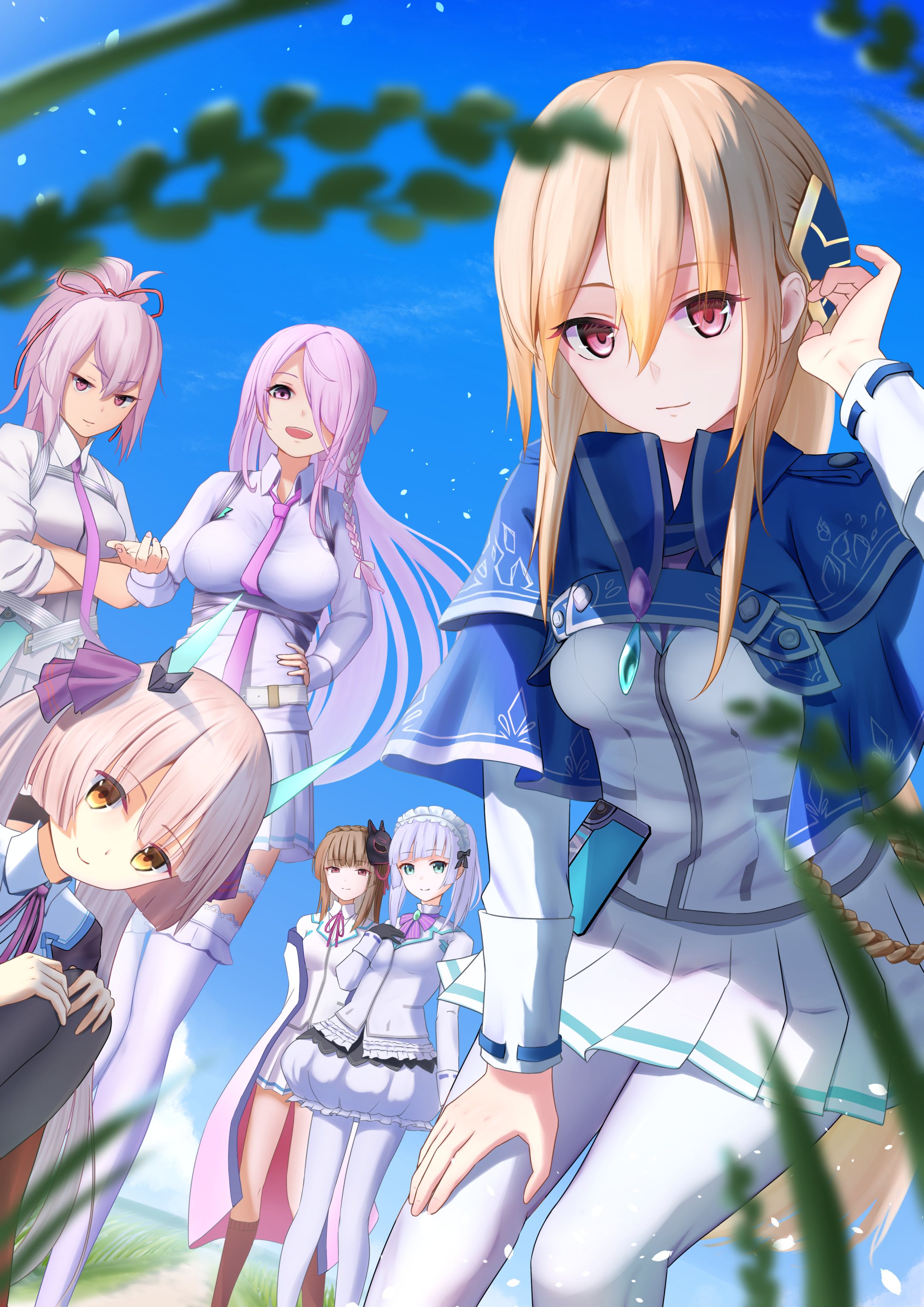 kiryuu miya, kura satomi, ogasawara hisame, shirakawa yuina, tsukishiro monaka, heaven burns red, absurdres, commentary request, highres, 6+girls, awoka7c2, blonde hair, blue capelet, blue eyes, blue hair, blue sky, blunt bangs, blurry, blurry foreground, bow, bowtie, braid, breasts, brooch, brown eyes, brown hair, capelet, closed mouth, cloud, coat, collared shirt, crossed arms, day, detached sleeves, dress, flower, frills, gloves, green eyes, hair between eyes, hair bow, hair ornament, hair over one eye, hair ribbon, hand on own hip, hand on own knee, hand on own thigh, hands on own hips, hands on own knees, hat, headgear, horns, jacket, jewelry, kneehighs, lab coat, large breasts, leaning forward, long hair, long sleeves, looking at viewer, medium breasts, mini hat, miniskirt, multiple girls, necktie, open mouth, orange eyes, outdoors, pantyhose, pink bow, pink bowtie, pink eyes, pink hair, pink necktie, pink ribbon, pleated skirt, ponytail, purple bow, purple bowtie, purple eyes, purple hair, purple necktie, purple ribbon, red eyes, ribbon, school uniform, shirt, short hair, sidelocks, skirt, sky, small breasts, smile, socks, squatting, standing, sugawara chie, thighhighs, very long hair, white coat, white hair, white jacket, white pantyhose, white shirt, white skirt, yellow eyes, zettai ryouiki