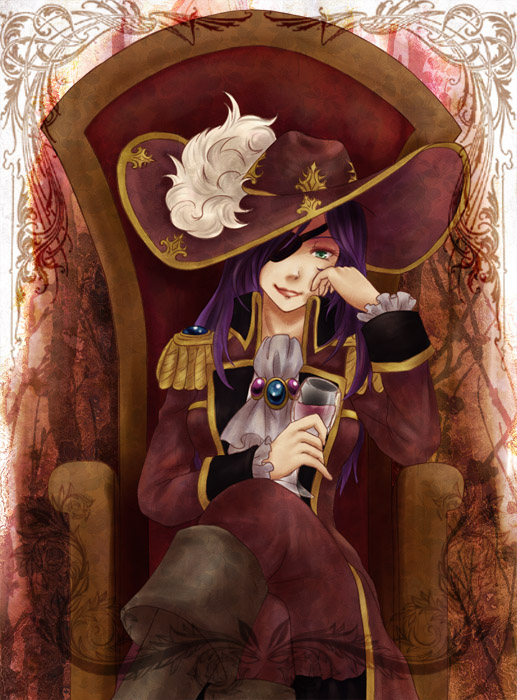 yusoson, faris scherwiz, final fantasy, final fantasy v, 1990s (style), 1girl, alcohol, androgynous, ascot, boots, chair, cup, drinking glass, eyepatch, female focus, glass, green eyes, hat, hat feather, long hair, pirate, pirate hat, purple hair, retro artstyle, reverse trap, sitting, solo, wine, wine glass