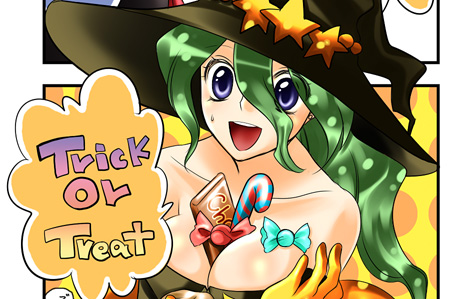 hanamo daiou, tina branford, final fantasy, final fantasy vi, lowres, 1990s (style), blue eyes, breasts, candy, candy bar, candy cane, cleavage, food, green hair, halloween, hat, long hair, open mouth, witch hat