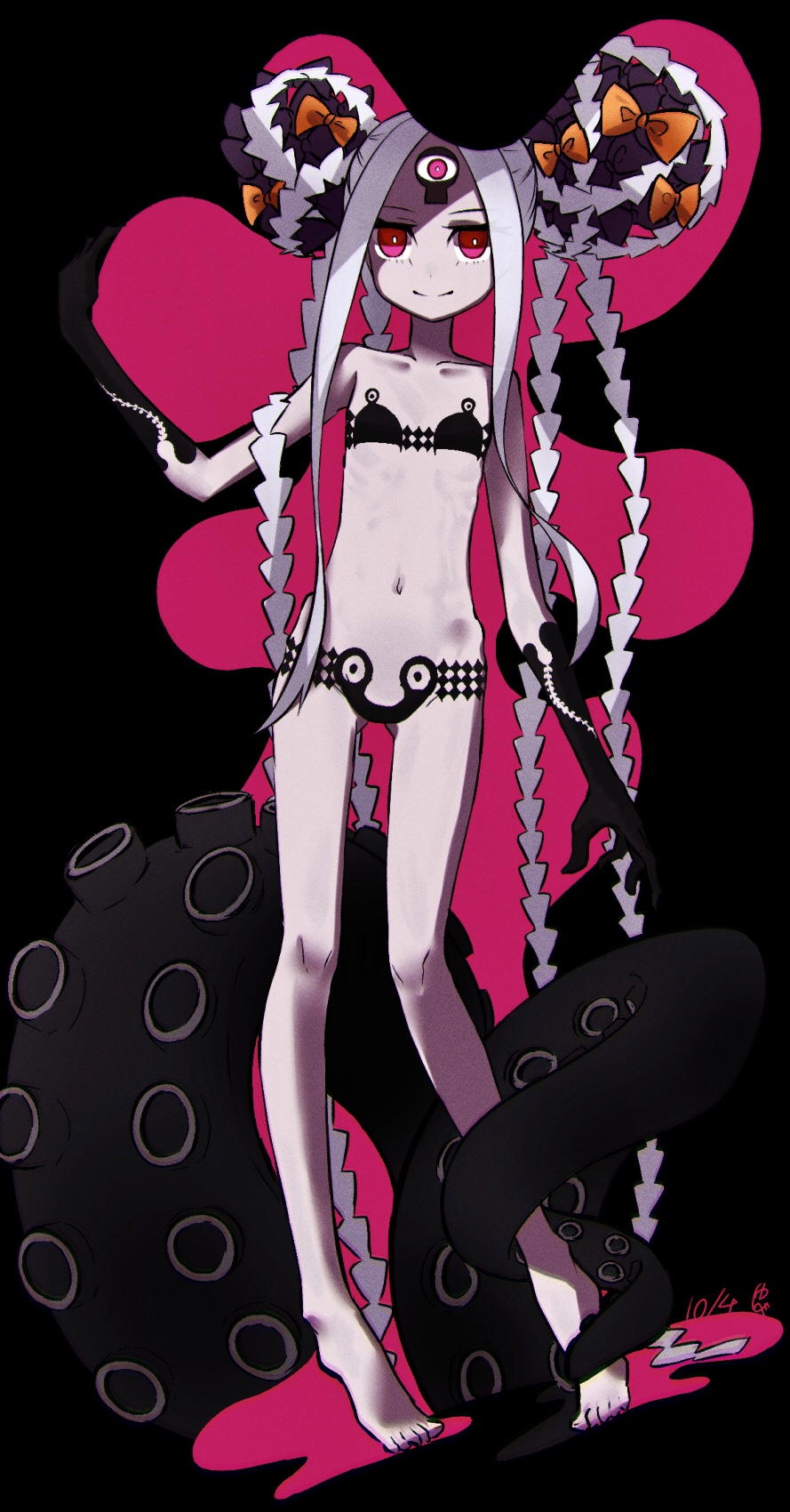 yubeshi (zecxl), abigail williams (fate), abigail williams (swimsuit foreigner) (first ascension) (fate), fate/grand order, fate (series), abigail williams (swimsuit foreigner) (fate), commentary request, highres, 1girl, bare shoulders, barefoot, bikini, black bikini, black bow, black hands, bow, breasts, colored extremities, colored skin, double bun, forehead, full body, hair bow, hair bun, keyhole, long hair, looking at viewer, navel, orange bow, parted bangs, red eyes, sidelocks, small breasts, smile, solo, swimsuit, tentacles, third eye, twintails, veil, very long hair, white hair, white skin