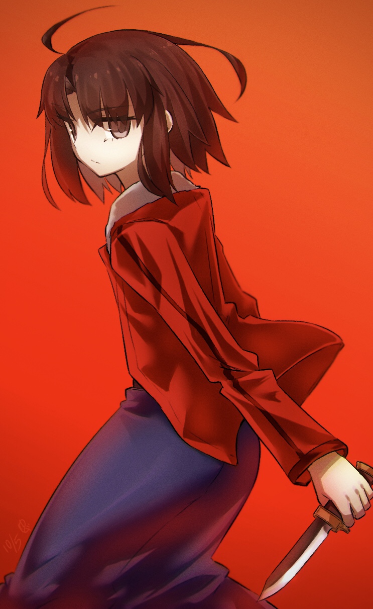 yubeshi (zecxl), ryougi shiki, kara no kyoukai, commentary request, highres, 1girl, ahoge, blue kimono, breasts, brown hair, grey eyes, jacket, japanese clothes, kimono, knife, long sleeves, looking at viewer, medium breasts, parted bangs, red background, red jacket, short hair, solo