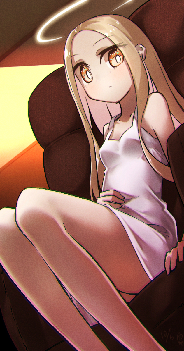 yubeshi (zecxl), v/v, angel notes, commentary request, highres, 1girl, bare shoulders, blonde hair, blush, breasts, chair, dress, forehead, halo, long hair, looking at viewer, parted bangs, sitting, small breasts, solo, thighs, white dress, yellow eyes