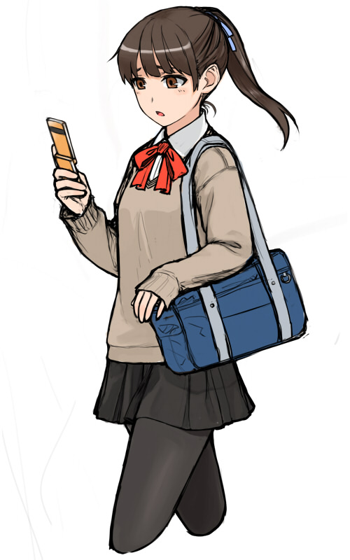 hito, bag, black pantyhose, blouse, bow, bowtie, cellphone, collared shirt, cropped legs, miniskirt, pantyhose, phone, ponytail, red bow, red bowtie, school uniform, shirt, shoulder bag, simple background, skirt, solo, sweater, white background, white shirt