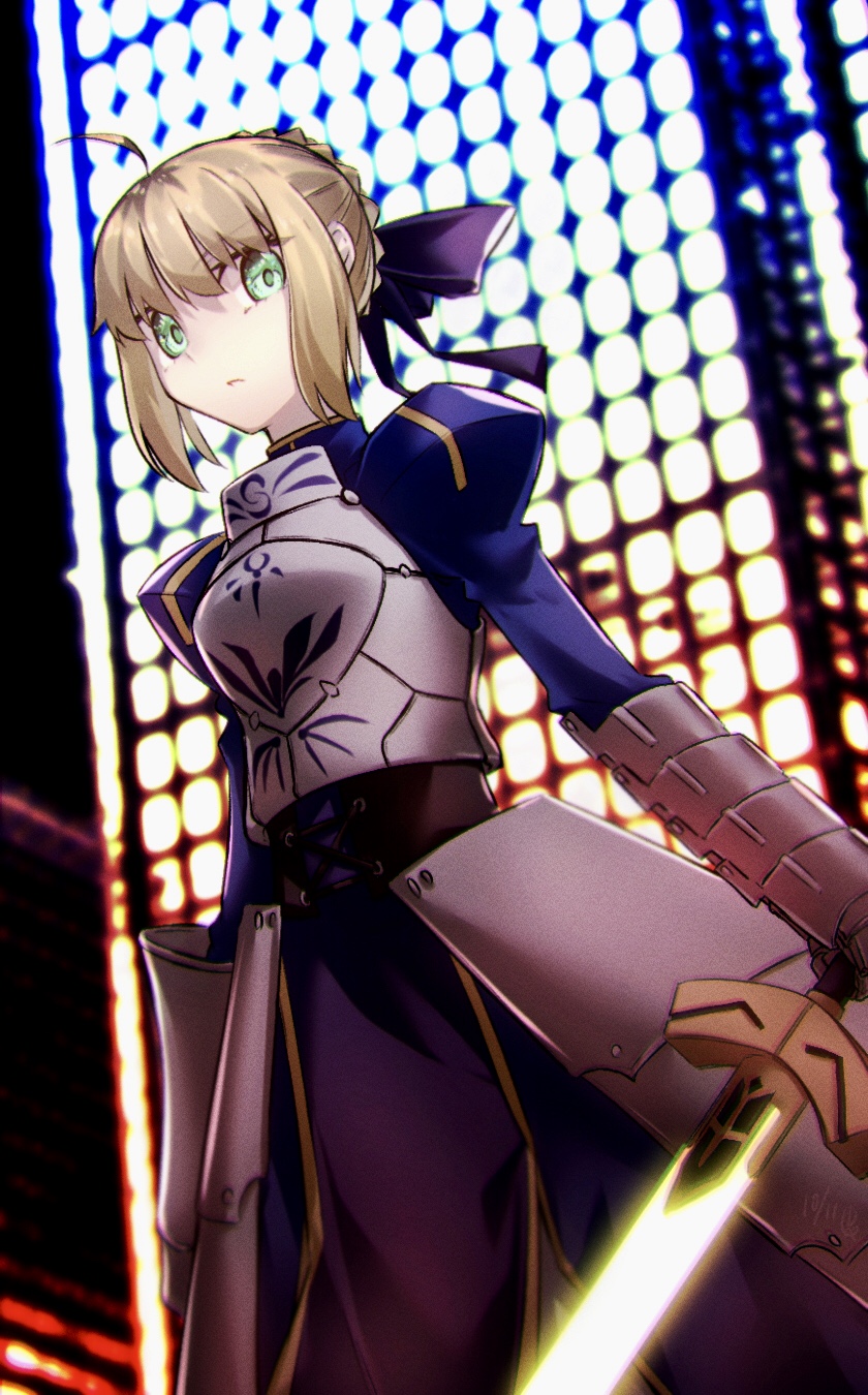 yubeshi (zecxl), artoria pendragon (fate), saber (fate), fate/stay night, fate (series), commentary request, highres, 1girl, ahoge, armor, armored dress, blonde hair, blue dress, blue ribbon, braid, breastplate, breasts, dress, excalibur (fate/stay night), faulds, gauntlets, green eyes, hair bun, hair ribbon, juliet sleeves, long hair, long sleeves, looking at viewer, medium breasts, puffy sleeves, ribbon, sidelocks, solo, sword, weapon