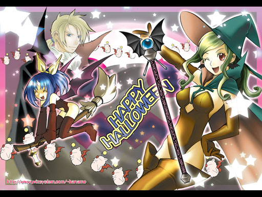 hanamo daiou, eiko carol, moogle, sabin rene figaro, tina branford, final fantasy, final fantasy ix, final fantasy vi, 00s, 1990s (style), blue eyes, blue hair, broom, child, cloak, closed eyes, elbow gloves, gloves, halloween, hat, horns, leotard, long hair, red eyes, ribbon, short hair, staff, thighhighs, wink, witch hat, yellow ribbon