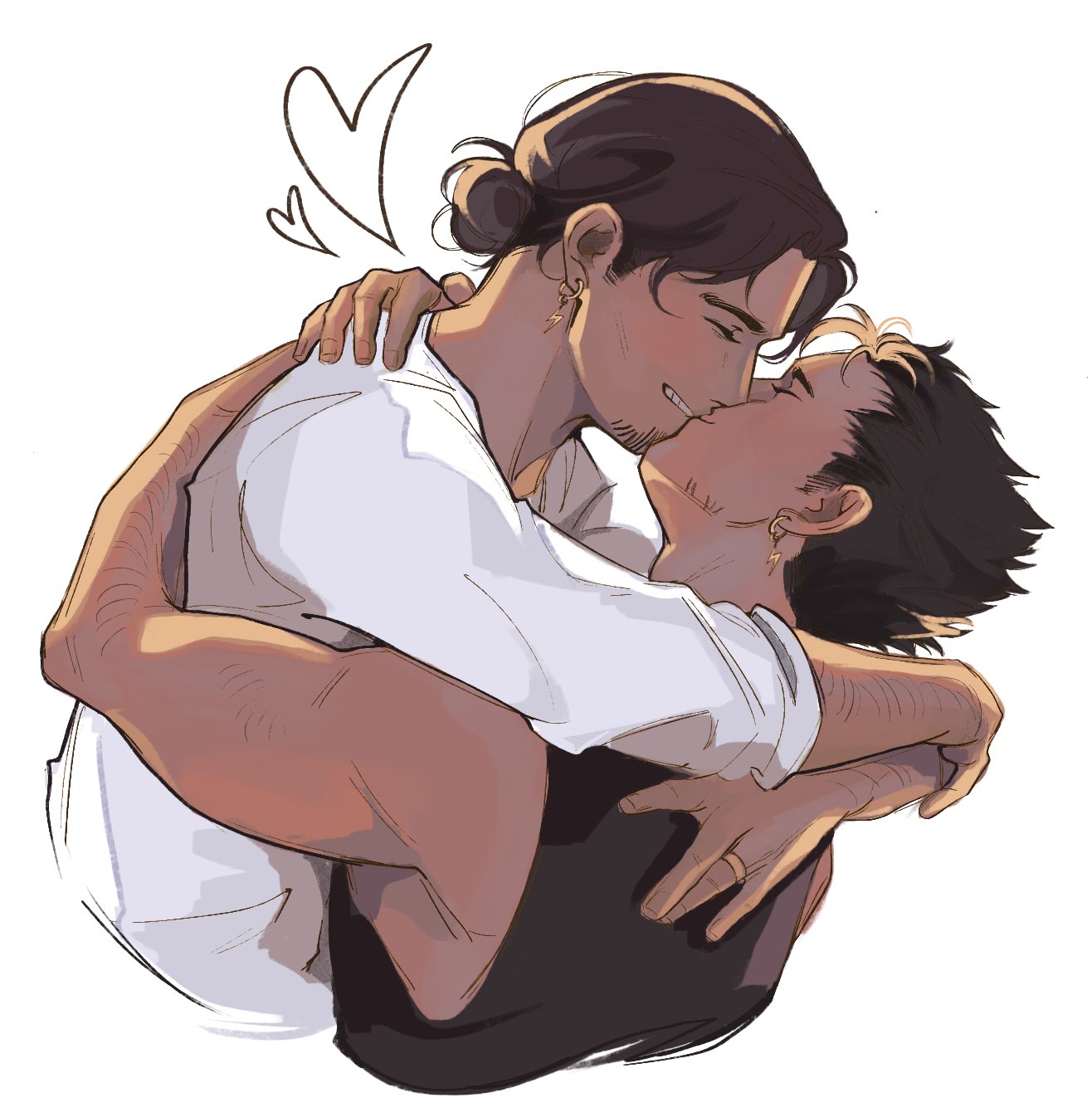 azumane asahi, nishinoya yuu, haikyuu!!, commentary, highres, symbol-only commentary, 2boys, black shirt, closed eyes, cropped torso, earrings, facial hair, goatee, grin, hair bun, heart, hug, jewelry, kiss, linmorsan, male focus, multicolored hair, multiple boys, mutual hug, piercing, shirt, short hair, short sideburns, sideburns, sideburns stubble, single hair bun, sleeveless, sleeveless shirt, smile, streaked hair, stubble, teeth, white background, white shirt, yaoi