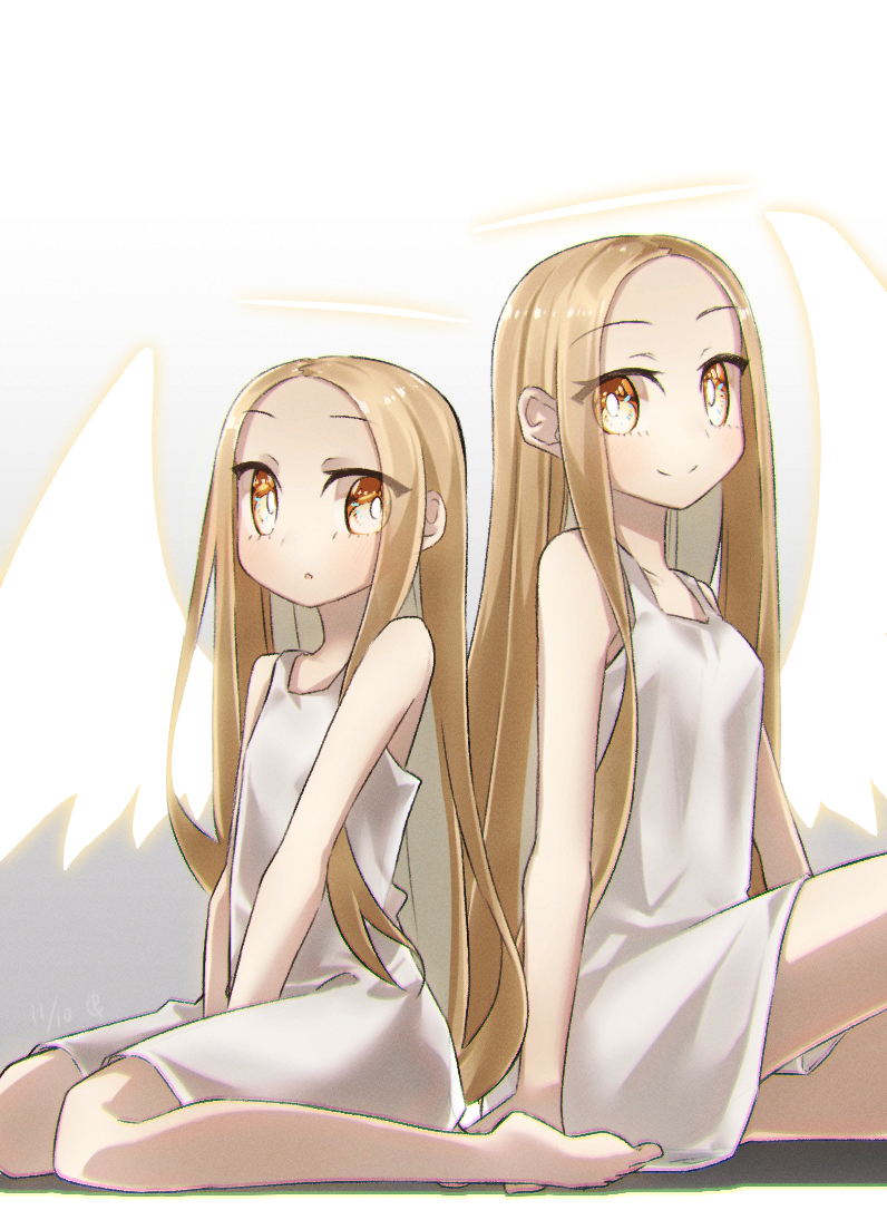 yubeshi (zecxl), v/v, angel notes, commentary request, 2girls, aged up, angel wings, bare shoulders, barefoot, blonde hair, blush, breasts, dress, dual persona, forehead, halo, long hair, looking at viewer, medium breasts, multiple girls, parted bangs, small breasts, smile, white dress, wings, yellow eyes