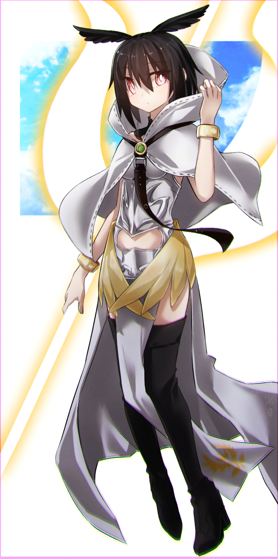 yubeshi (zecxl), ortlinde (fate), valkyrie (fate), fate/grand order, fate (series), commentary request, highres, 1girl, armor, armored dress, black boots, black hair, boots, breastplate, breasts, brooch, capelet, dress, energy wings, full body, head wings, hood, hooded capelet, jewelry, looking at viewer, medium breasts, pelvic curtain, polearm, red eyes, short hair, solo, spear, thigh boots, weapon, white capelet, white dress, wings