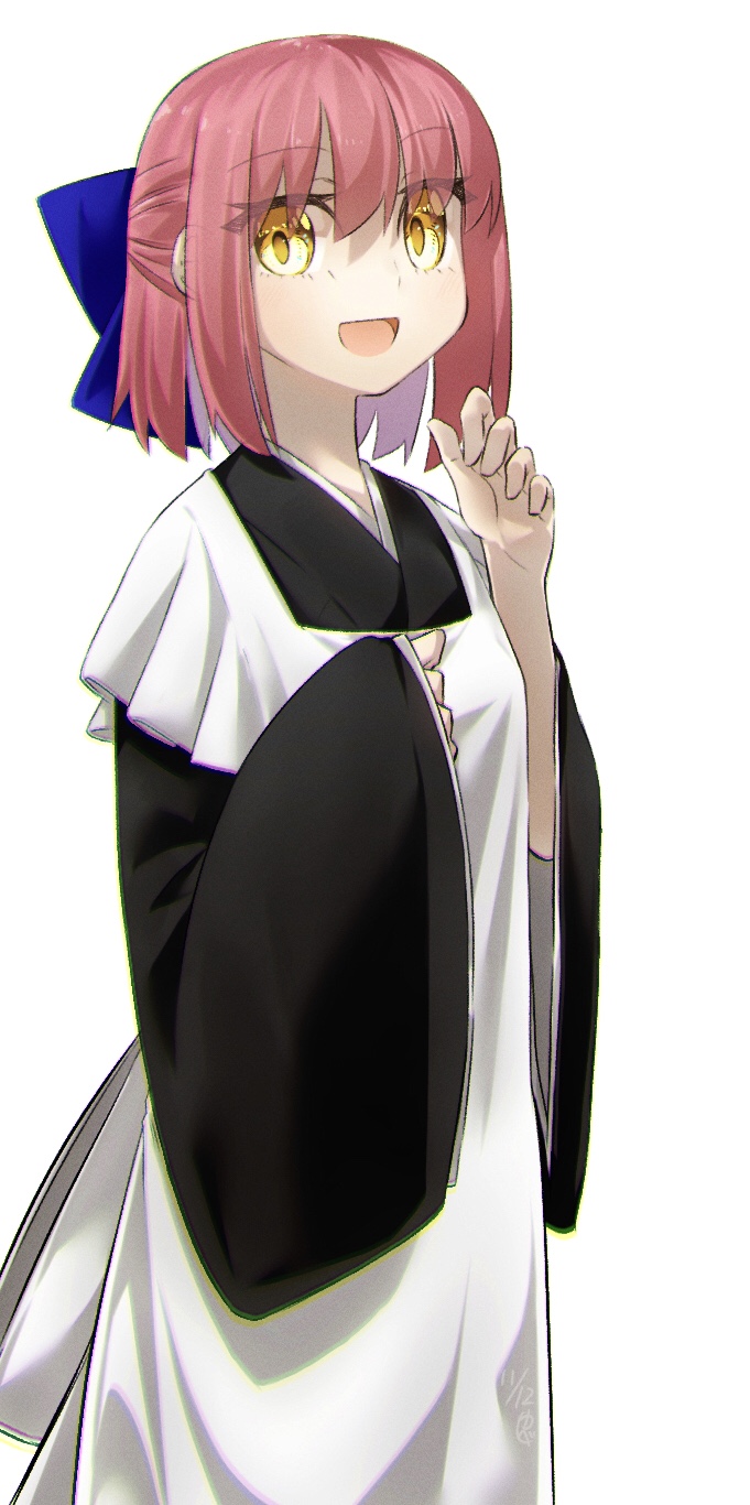 yubeshi (zecxl), kohaku (tsukihime), tsukihime, commentary request, highres, 1girl, apron, black kimono, blue bow, bow, breasts, brown eyes, hair bow, japanese clothes, kimono, long sleeves, looking at viewer, open mouth, red hair, short hair, small breasts, smile, solo, white apron, wide sleeves