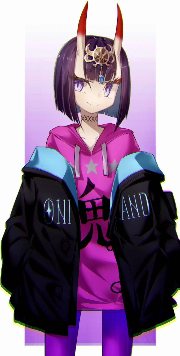 yubeshi (zecxl), shuten douji (fate), shuten douji (under the same sky) (fate), fate/grand order, fate (series), commentary request, highres, 1girl, black jacket, breasts, choker, clothes writing, drawstring, eyeliner, headpiece, hood, hooded sweater, horns, jacket, long sleeves, looking at viewer, makeup, oni, pants, pink sweater, purple eyes, purple hair, purple pants, short hair, skin-covered horns, small breasts, smile, solo, sweater, thighs, tight clothes, tight pants