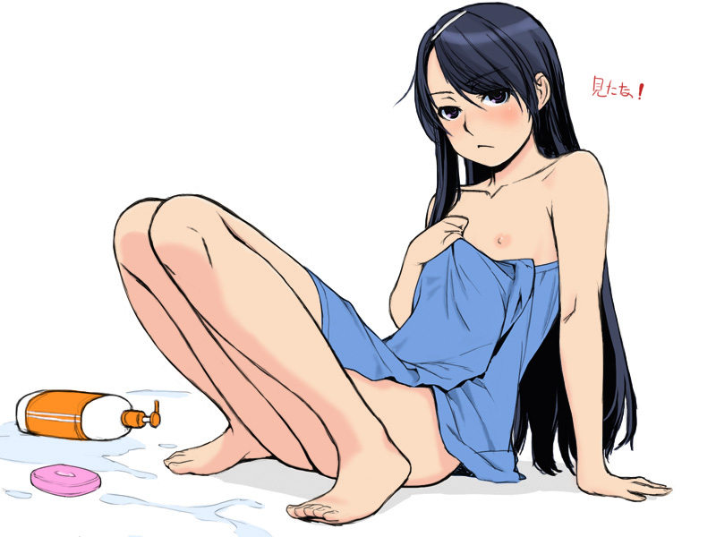 ino (magloid), mochizuki nonoka, otome function, 1girl, barefoot, blush, feet, female focus, flat chest, knees together feet apart, loli, long hair, naked towel, nipples, puddle, soap, solo, towel