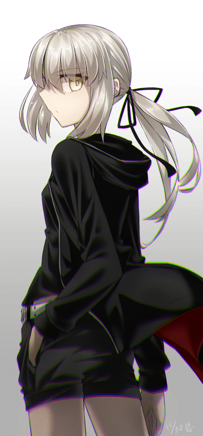 yubeshi (zecxl), artoria pendragon (fate), saber alter, saber alter (ver. shinjuku 1999), fate/grand order, fate (series), commentary request, highres, 1girl, black camisole, black jacket, black ribbon, black shorts, blonde hair, breasts, camisole, hair ribbon, jacket, long hair, long sleeves, looking at viewer, looking back, low ponytail, open clothes, open jacket, ponytail, ribbon, short shorts, shorts, sidelocks, small breasts, solo, thighs, yellow eyes