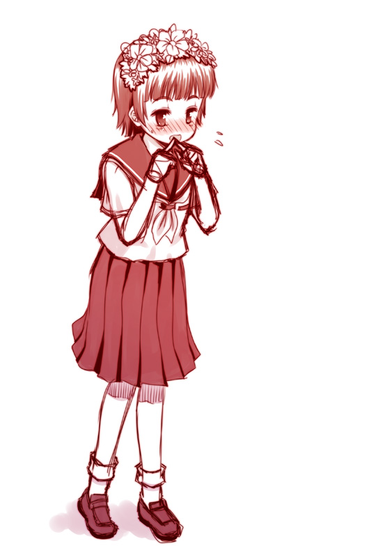 kouji (campus life), uiharu kazari, toaru kagaku no railgun, toaru majutsu no index, 00s, 1girl, blush, female focus, flower, full body, head wreath, monochrome, red theme, school uniform, serafuku, short hair, skirt, solo, white background