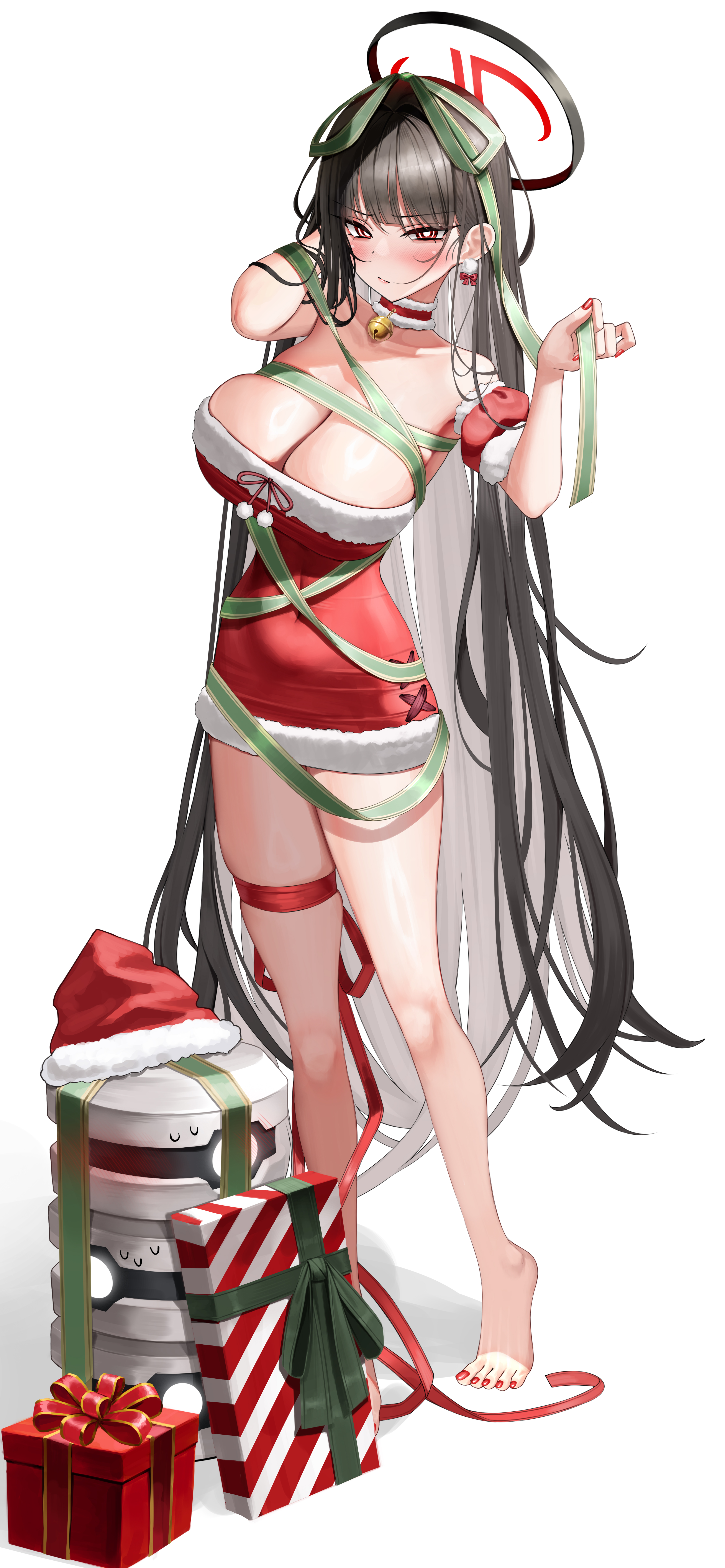 hsxxx, rio (blue archive), blue archive, absurdres, commentary, highres, symbol-only commentary, 1girl, alternate costume, arm behind head, bare shoulders, barefoot, bell, black hair, black halo, breasts, cleavage, collarbone, covered navel, dress, fingernails, full body, gift, grey hair, halo, hand in own hair, hands up, jingle bell, large breasts, long hair, multicolored halo, nail polish, neck bell, red dress, red halo, red nails, shadow, simple background, solo, standing, strapless, strapless dress, thigh strap, toenail polish, toenails, two-tone halo, very long hair, white background