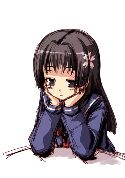kouji (campus life), saten ruiko, toaru kagaku no railgun, toaru majutsu no index, 00s, 1girl, black hair, female focus, long hair, sad, school uniform, serafuku, solo, white background