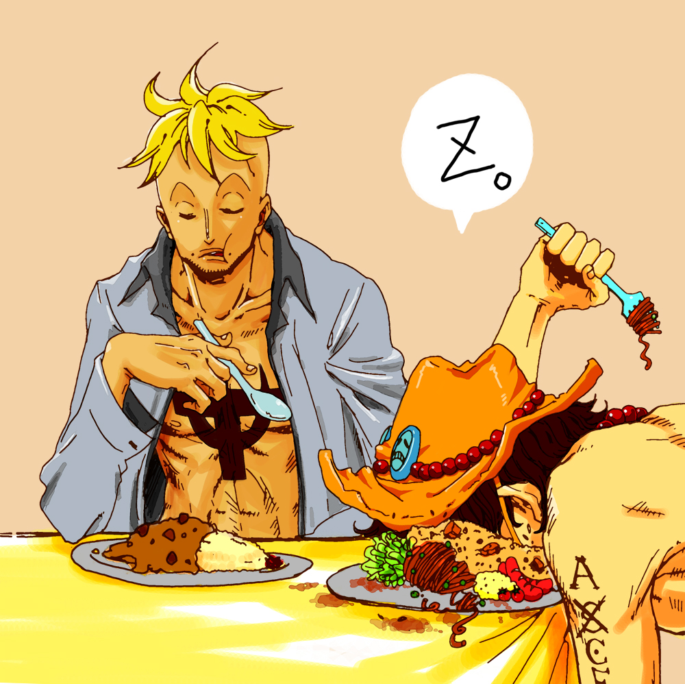 karukaradon818, marco (one piece), portgas d. ace, one piece, 2boys, blonde hair, brown hair, curry, eating, food, food on face, fork, hat, jolly roger, male focus, multiple boys, muscular, open clothes, open shirt, pirate, plate, sad face, shirt, sleeping, spoon, table, tattoo, zzz