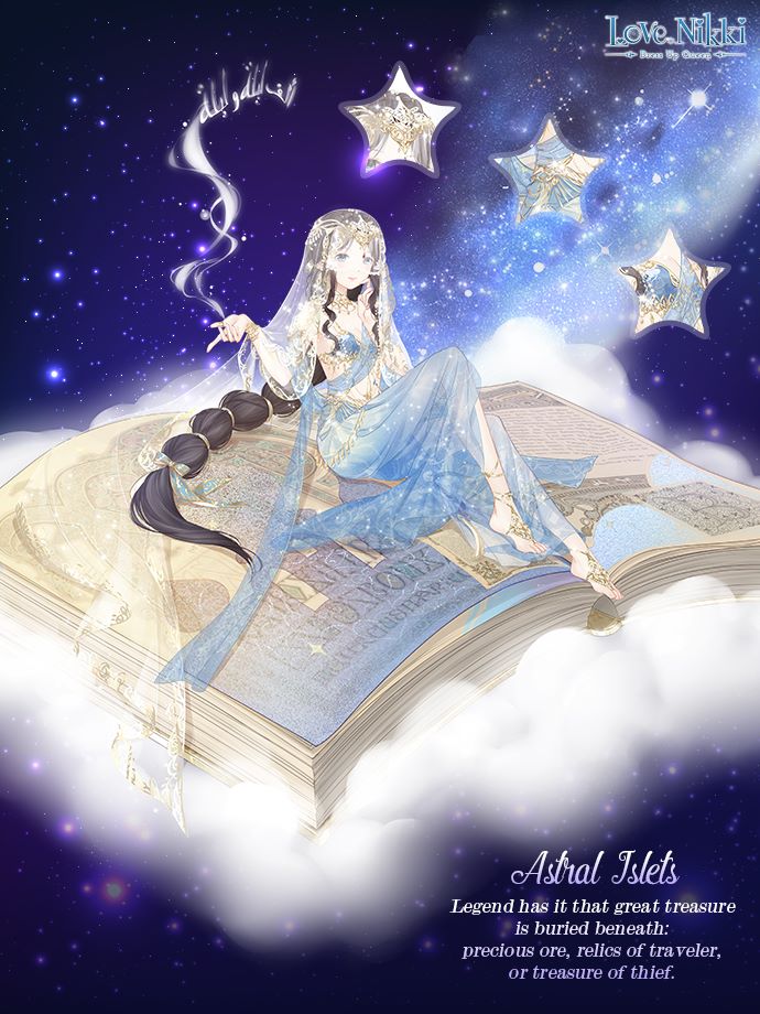 astral islets (miracle nikki), miracle nikki, nikki (series), artist request, commentary, english commentary, official art, third-party source, 1girl, arabian clothes, bare shoulders, barefoot sandals (jewelry), black hair, blue bra, blue eyes, blue skirt, bra, bracelet, breasts, character name, circlet, close-up, cloud, copyright logo, detached sleeves, dot nose, english text, full body, gold bracelet, gold circlet, gold necklace, hair spread out, hand on own face, harem outfit, jewelry, logo, long hair, long skirt, long sleeves, looking ahead, low ponytail, multi-tied hair, necklace, on book, open mouth, outstretched hand, pleated skirt, ponytail, puffy long sleeves, puffy sleeves, see-through clothes, see-through sleeves, see-through veil, sitting, skirt, small breasts, smile, smoke, solo, space, star (sky), stomach, underwear, veil, very long hair, white sleeves, white veil