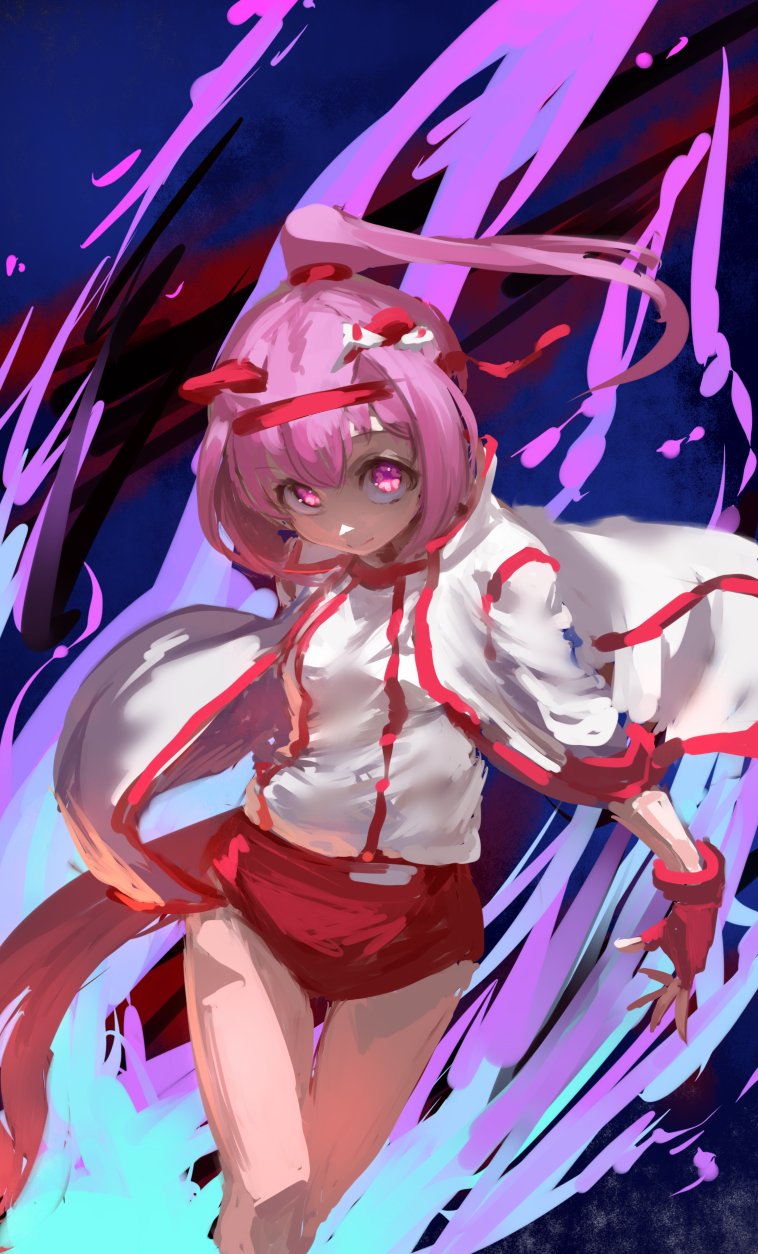 inishie kumo, haru urara (bestest prize) (umamusume), haru urara (umamusume), umamusume, commentary request, highres, 1girl, animal ears, bow, buruma, ear bow, ear covers, fingerless gloves, flower-shaped pupils, flower in eye, gloves, headband, horse ears, horse girl, horse tail, jacket, long hair, pink buruma, pink eyes, pink hair, pink headband, ponytail, red buruma, red gloves, red headband, shirt, smile, solo, symbol-shaped pupils, symbol in eye, tail, white jacket, white shirt