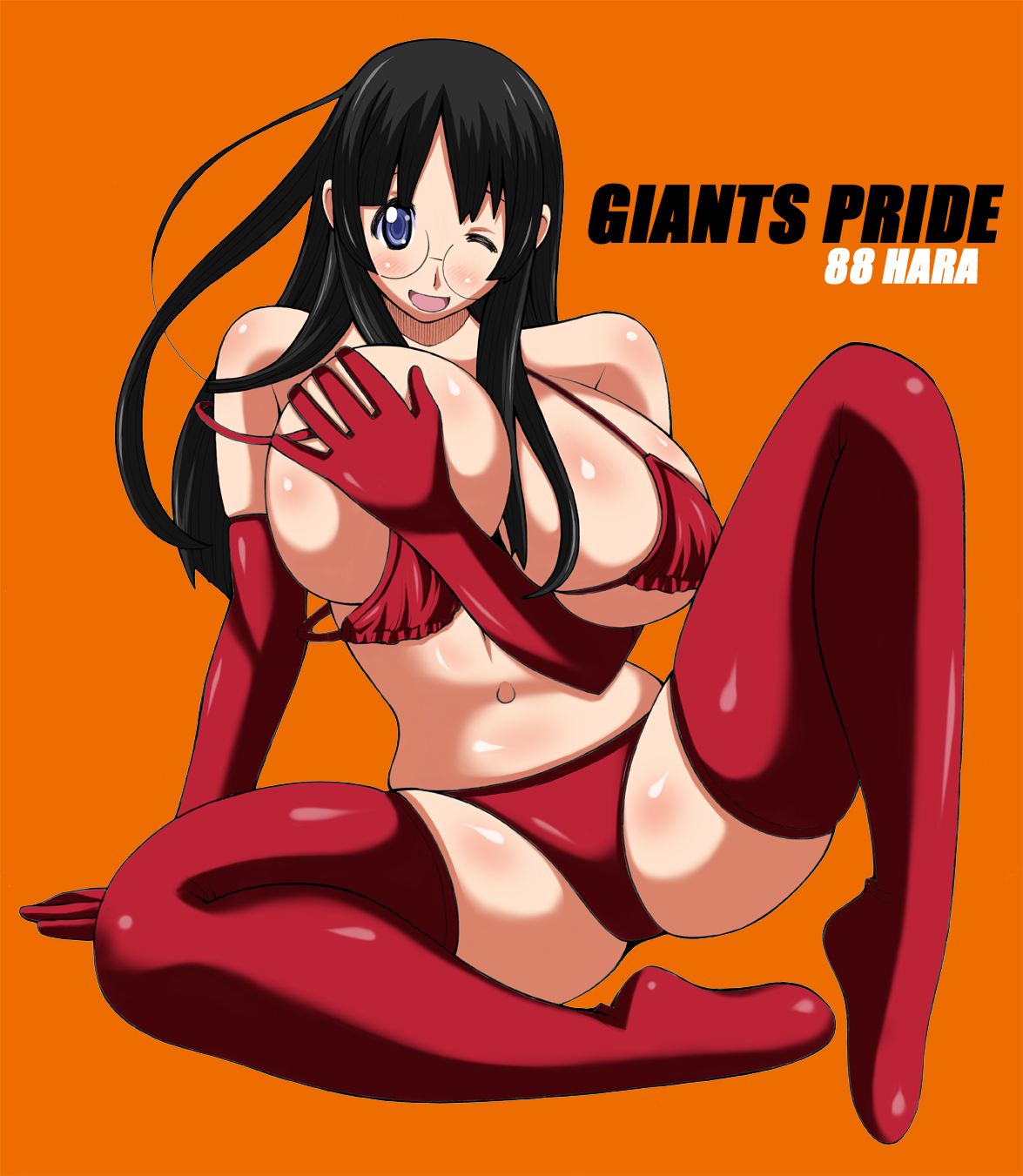 kashi (pixiv37139), original, highres, 1girl, bikini, black hair, blue eyes, blush, boots, breasts, cleavage, female focus, glasses, gloves, huge breasts, smile, solo, swimsuit