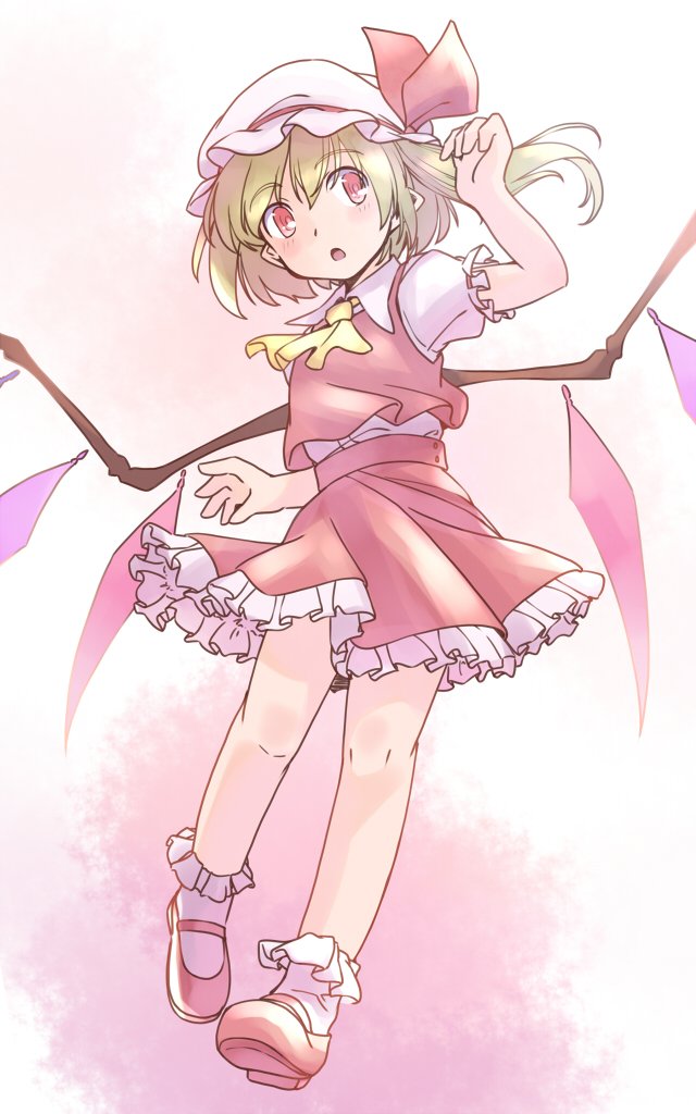 rangycrow, flandre scarlet, touhou, commentary request, 1girl, ascot, blonde hair, collared shirt, crystal wings, frilled socks, frills, full body, hand up, hat, hat ribbon, knees, light blush, mary janes, mob cap, one-hour drawing challenge, open mouth, petticoat, pointy ears, puffy short sleeves, puffy sleeves, red eyes, red ribbon, red shoes, red skirt, red vest, ribbon, shirt, shoes, short sleeves, side ponytail, sideways glance, skirt, socks, solo, vest, white hat, white socks, wings, yellow ascot