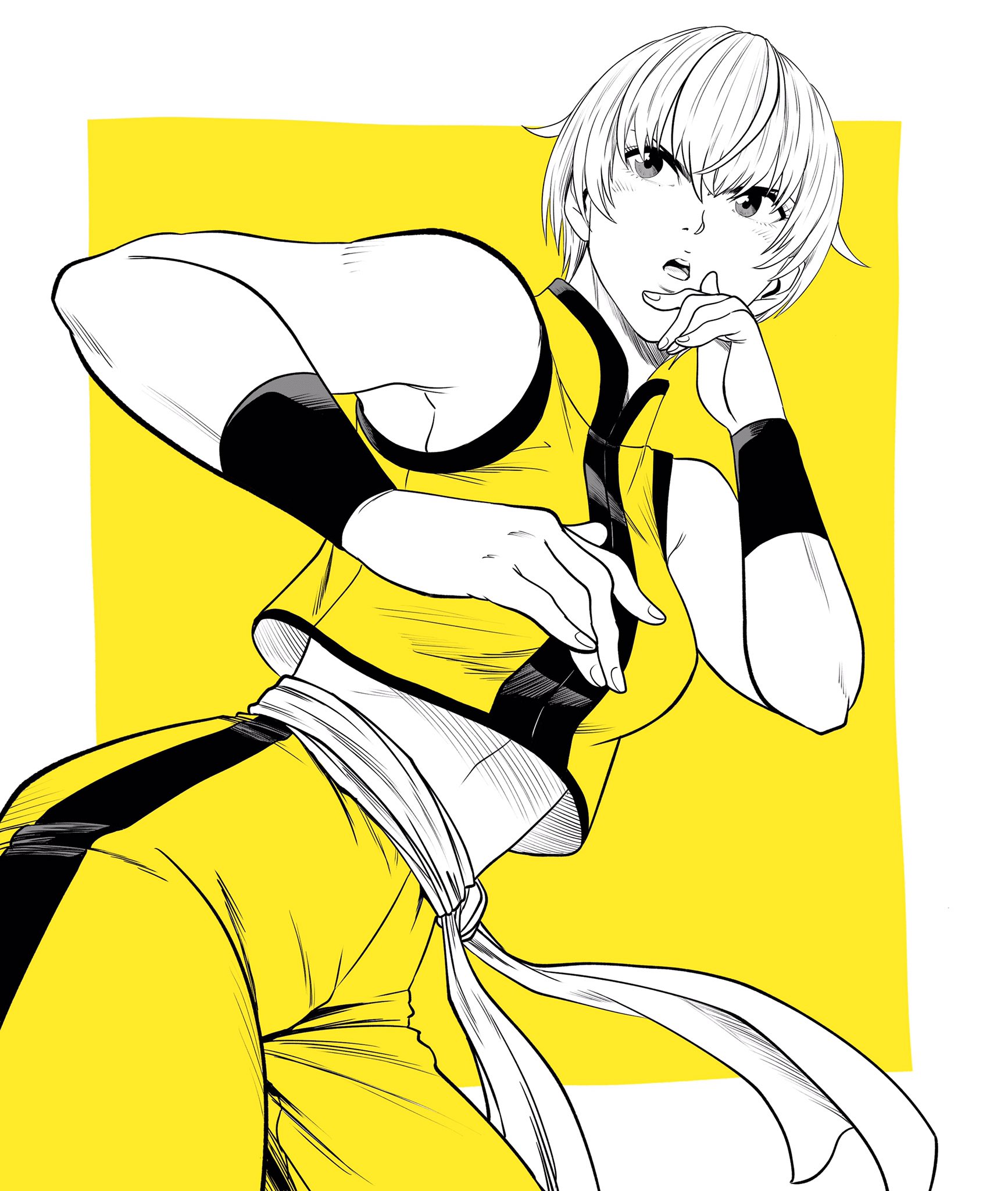 lee (dragon garou), original, commentary request, highres, 1girl, breasts, cowboy shot, fighting stance, high-waist pants, medium breasts, midriff, open mouth, pants, partially colored, sash, short hair, solo, vest, wristband, yellow background, yellow pants, yellow vest