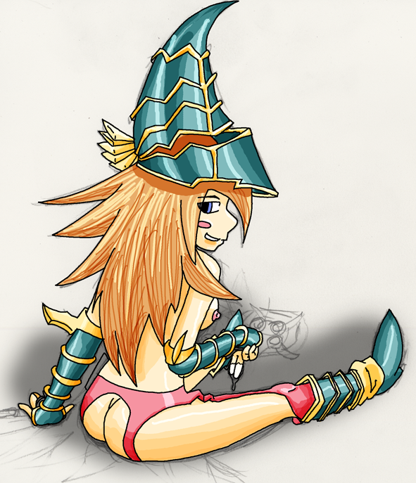 kohdoku, magician's valkyria, yu-gi-oh!, yu-gi-oh! duel monsters, 1girl, ass, blue eyes, blush, boots, breasts, brown hair, duel monster, female focus, garter belt, hat, large breasts, looking back, magician's hat, nipples, solo, wet fingers