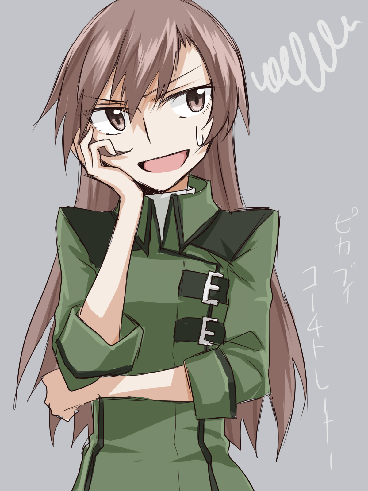 ars, coach trainer (pokemon), nintendo, pokemon, pokemon lgpe, commentary request, highres, 1girl, annoyed, brown eyes, brown hair, coat, elbow rest, facing viewer, furrowed brow, green coat, grey background, hand in own hair, hand on own cheek, hand on own elbow, hand on own face, high collar, long hair, looking to the side, military coat, open mouth, parted bangs, sleeves rolled up, smile, solo, squiggle, sweatdrop, upper body