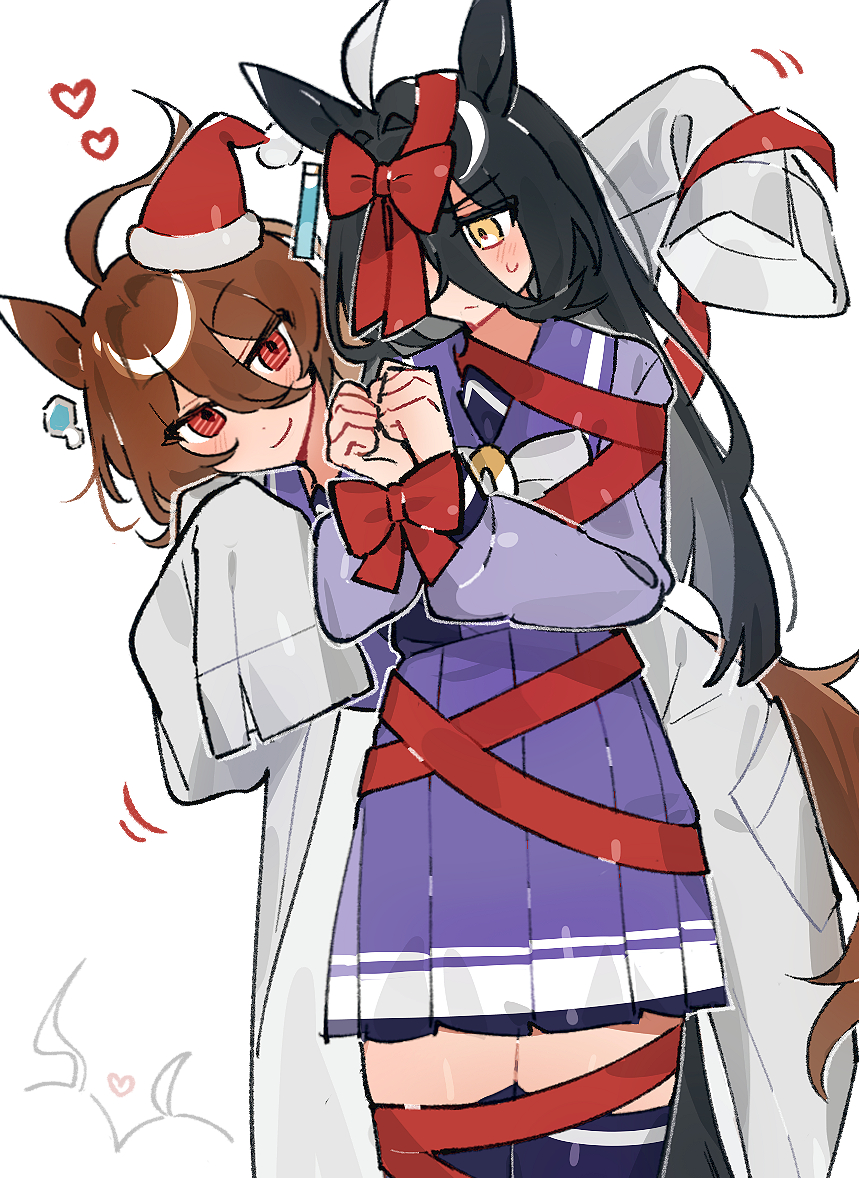 emne, agnes tachyon (umamusume), manhattan cafe (umamusume), umamusume, commentary, english commentary, 2girls, black hair, blunt ends, closed mouth, ear covers, hair between eyes, long hair, multiple girls, pleated skirt, purple shirt, purple thighhighs, red eyes, school uniform, shirt, single ear cover, skirt, smile, sweatdrop, thighhighs, tilted headwear, tracen school uniform, very long hair, yellow eyes, zettai ryouiki