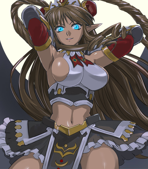 haruyama kazunori, neige hausen, banpresto, super robot taisen og saga: endless frontier exceed, super robot wars, super robot wars og saga mugen no frontier, super robot wars og saga mugen no frontier exceed, 1girl, armpits, blue eyes, breasts, brown hair, cleavage, female focus, glowing, glowing eyes, large breasts, long hair, midriff, navel, pointy ears, sideboob, solo