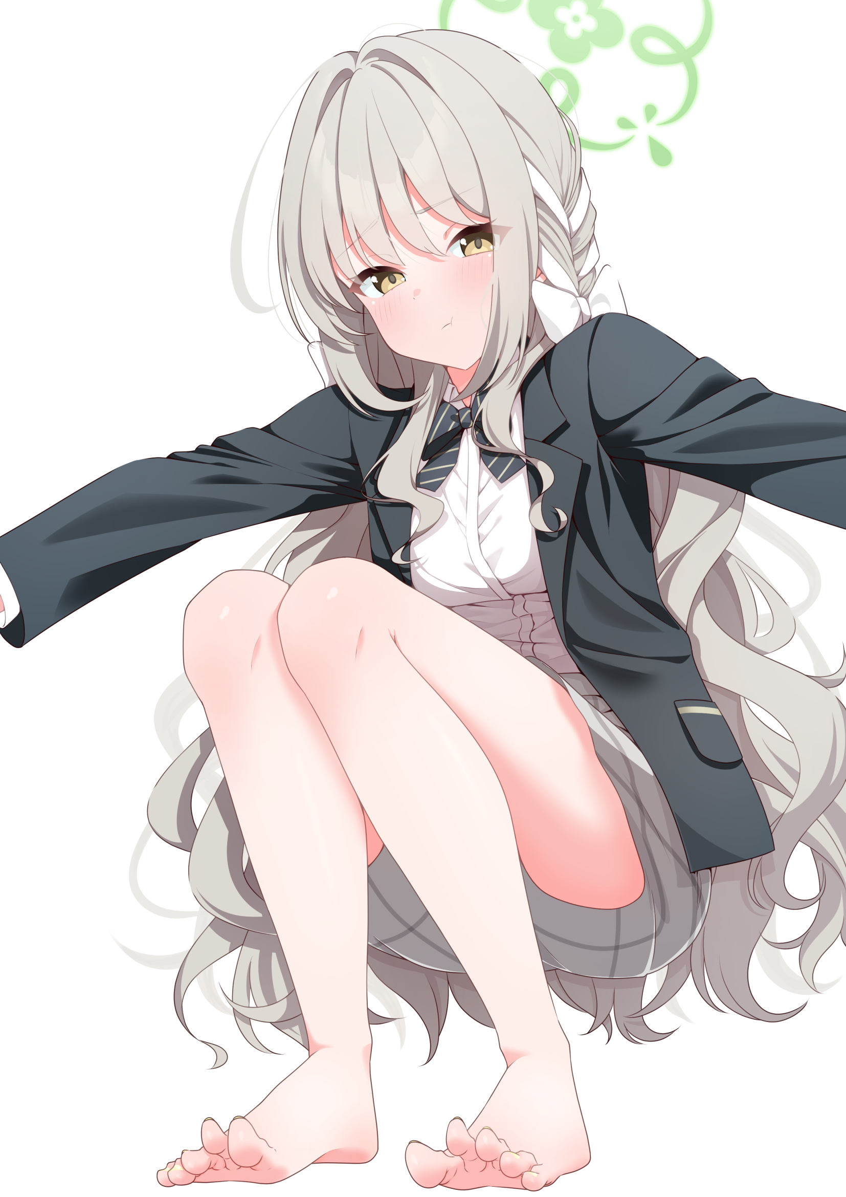 mikami makoto (makot0 01), miyo (blue archive), blue archive, commentary request, highres, 1girl, bare arms, barefoot, black bow, black bowtie, black jacket, blazer, blush, bow, bowtie, braid, closed mouth, collared shirt, dress shirt, green halo, grey hair, grey skirt, hair between eyes, hair bow, hair intakes, hair ribbon, halo, jacket, long hair, long sleeves, looking at viewer, medium skirt, plaid clothes, plaid skirt, pleated skirt, ribbon, ribbon braid, school uniform, shirt, simple background, skirt, socks, solo, squatting, very long hair, wavy hair, white background, white bow, white ribbon, white shirt, white socks, yellow eyes