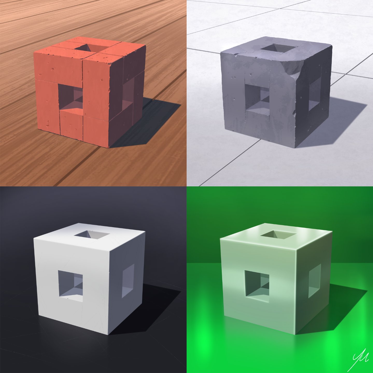 yu02257951, original, commentary request, highres, black background, brown background, cube, green background, no humans, object focus, shadow, still life, sunlight, tile floor, tiles, white background, wooden floor