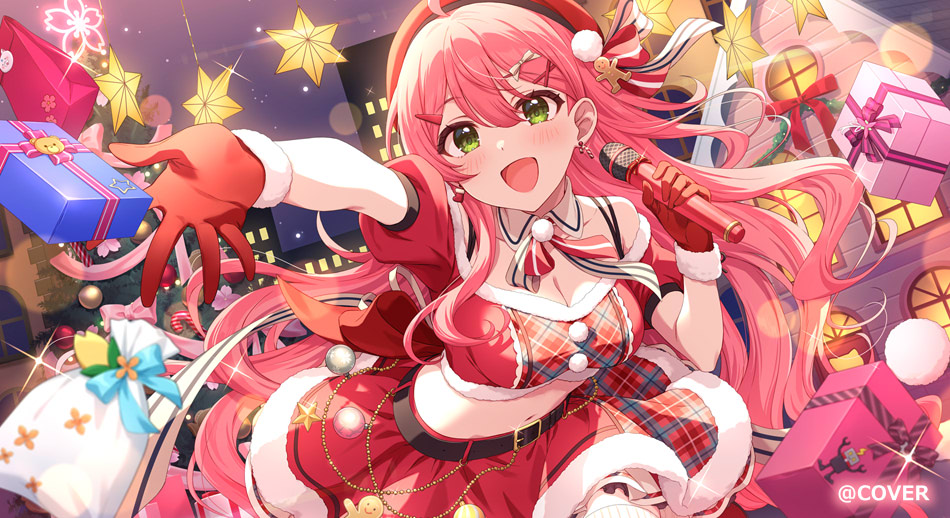 mikami nacaba, sakura miko, hololive, commentary request, official art, 1girl, :d, belt, beret, black belt, box, breasts, christmas tree, cleavage, copyright name, cropped shirt, detached collar, earrings, fur-trimmed gloves, fur-trimmed shirt, fur-trimmed skirt, fur trim, gift, gift box, gloves, green eyes, hair ornament, hair ribbon, hairclip, hands up, hat, holding, holding microphone, house, jewelry, large breasts, long hair, microphone, midriff, navel, neck ribbon, open mouth, outstretched arm, pink hair, pom pom (clothes), pom pom hair ornament, puffy short sleeves, puffy sleeves, red gloves, red hat, red shirt, red skirt, ribbon, shirt, short sleeves, single sidelock, skirt, smile, solo, virtual youtuber, x hair ornament