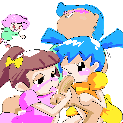 minuspal, animal crossing, nintendo, lowres, 3girls, animal crossing boy, animal crossing girl, blush, cum, fellatio, multiple girls, oral, penis, twintails, uncensored
