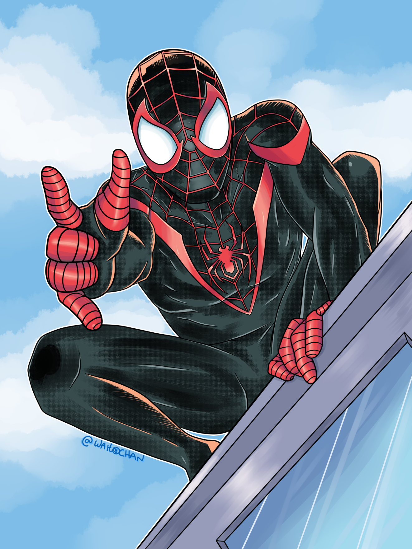 waitochan, spider-man (miles morales), marvel, spider-man (series), spider-verse, spider-verse (comics), commentary, english commentary, highres, 1boy, m/, aiming, aiming at viewer, animal print, arm support, artist name, black bodysuit, blue sky, bodysuit, building, cloud, cloudy sky, day, from below, knees up, looking at viewer, male focus, mask, on roof, outdoors, outstretched arm, print bodysuit, red trim, rooftop, sky, solo, spider print, spider web print, squatting, superhero costume, toned, toned male, twitter username, window