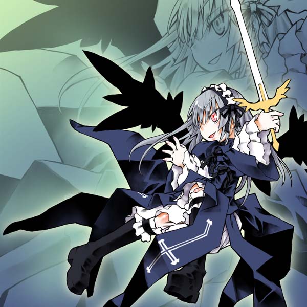 kakashichi, suigintou, rozen maiden, silver hair, 00s, boots, dress, hairband, knee boots, pink eyes, sword, weapon, wings, zoom layer