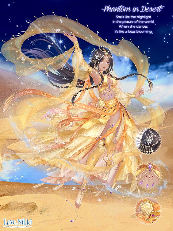 phantom in desert (miracle nikki), miracle nikki, nikki (series), artist request, official art, third-party source, 1girl, arabian clothes, arm up, armpits, bare shoulders, barefoot sandals (jewelry), beads, black hair, blue sky, braid, breasts, center opening, character name, circlet, close-up, cloud, copyright logo, crop top, dancing, dark-skinned female, dark skin, desert, detached sleeves, earrings, english text, eyelashes, floating hair, forehead jewel, full body, gem, gold circlet, gold earrings, gold necklace, gold thighlet, hair beads, hair ornament, happy, hoop earrings, jewelry, knee up, lipstick, logo, long hair, long skirt, long sleeves, looking at viewer, magic, makeup, medium breasts, midriff, navel, necklace, night, outdoors, parted lips, pleated skirt, puffy long sleeves, puffy sleeves, purple eyes, red gemstone, red lips, see-through clothes, see-through sleeves, shawl, shirt, side braids, side slit, skirt, sky, sleeveless, sleeveless shirt, smile, solo, star (sky), star (symbol), starry sky, stirrup legwear, thighhighs, thighlet, toeless legwear, toes, twin braids, very long hair, yellow shawl, yellow shirt, yellow skirt, yellow sleeves, yellow thighhighs