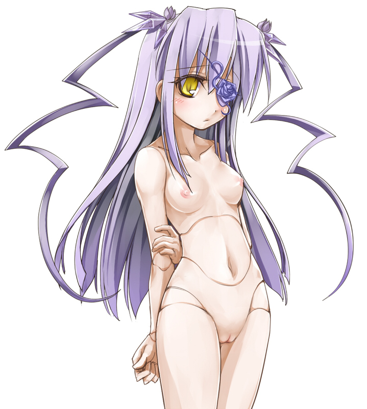 sasa ichi, barasuishou, rozen maiden, 00s, 1girl, blush, breasts, cowboy shot, doll, doll joints, eyepatch, female focus, hair ornament, joints, long hair, medium breasts, navel, nipples, nude, purple hair, pussy, small breasts, solo, twintails, two side up, uncensored, yellow eyes