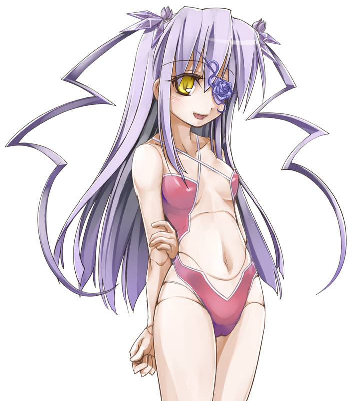sasa ichi, barasuishou, rozen maiden, 00s, 1girl, breasts, doll joints, eyepatch, hair ornament, joints, long hair, navel, purple hair, small breasts, smile, swimsuit, twintails, two side up, yellow eyes
